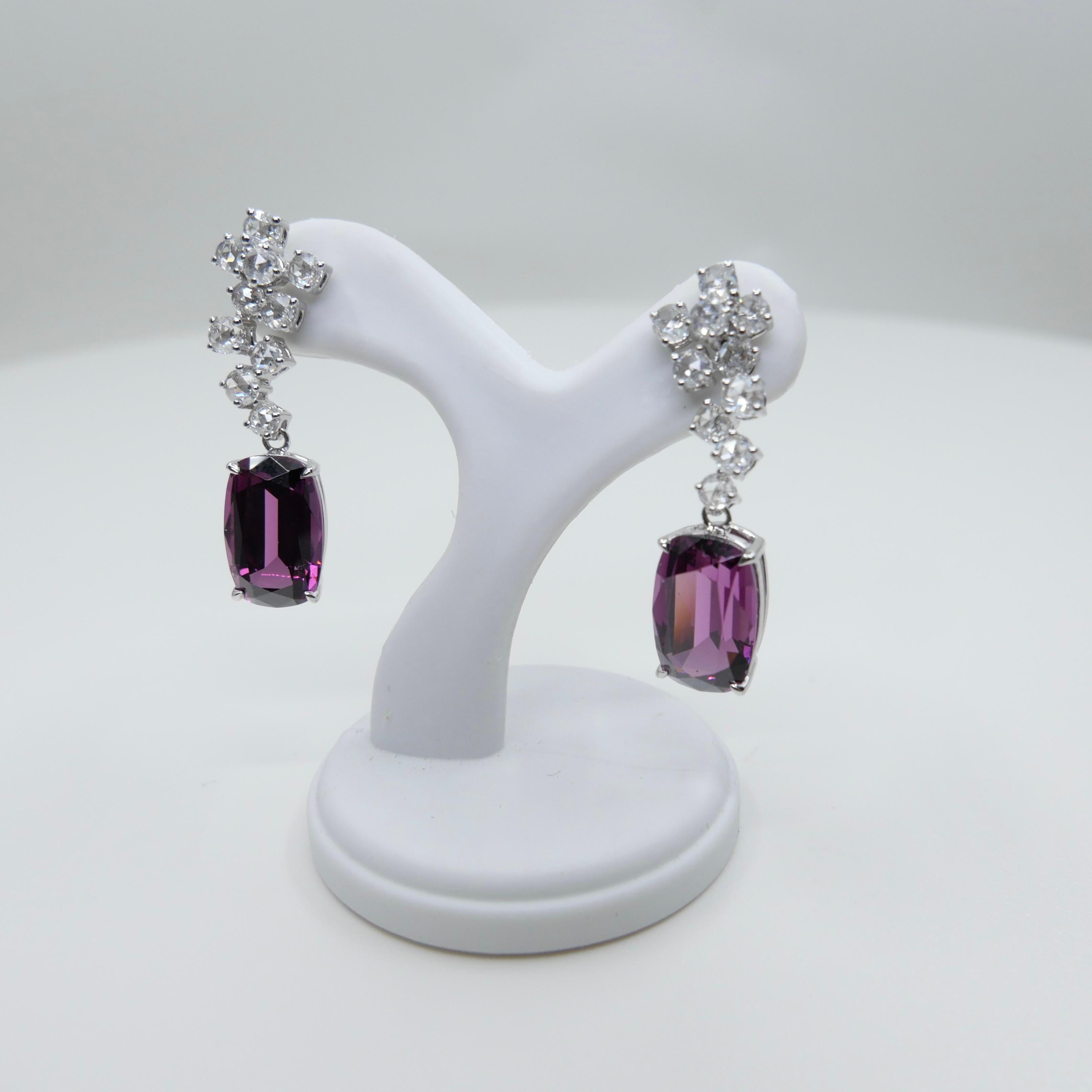 Pendientes de granate rodolita natural de 10,4 mm x 6,5 mm y diamante talla rosa. en venta 8