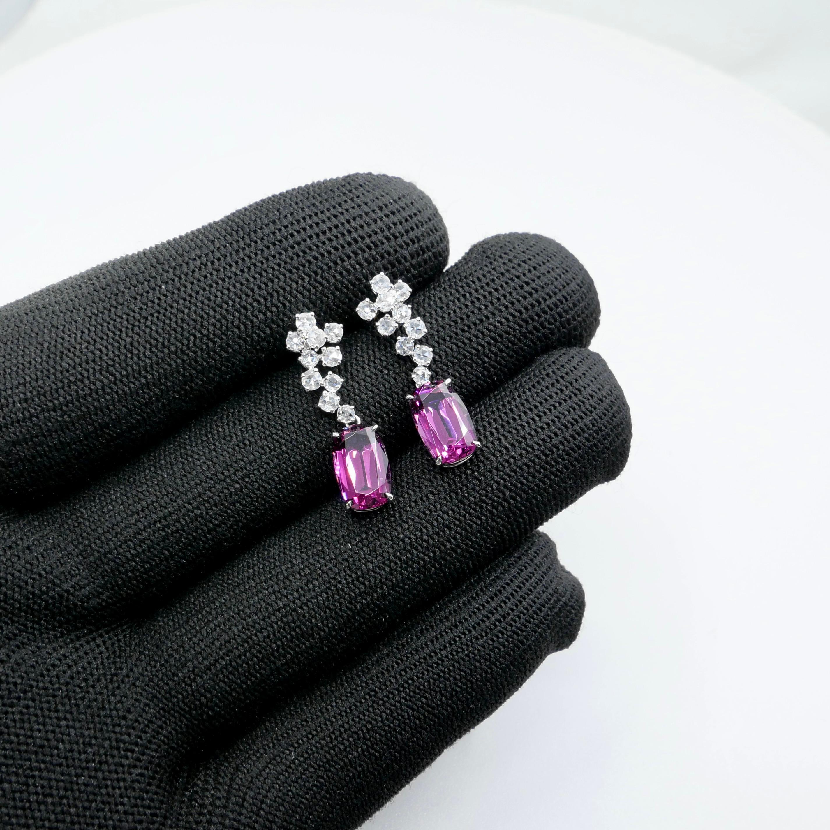 Pendientes de granate rodolita natural de 10,4 mm x 6,5 mm y diamante talla rosa. en venta 9