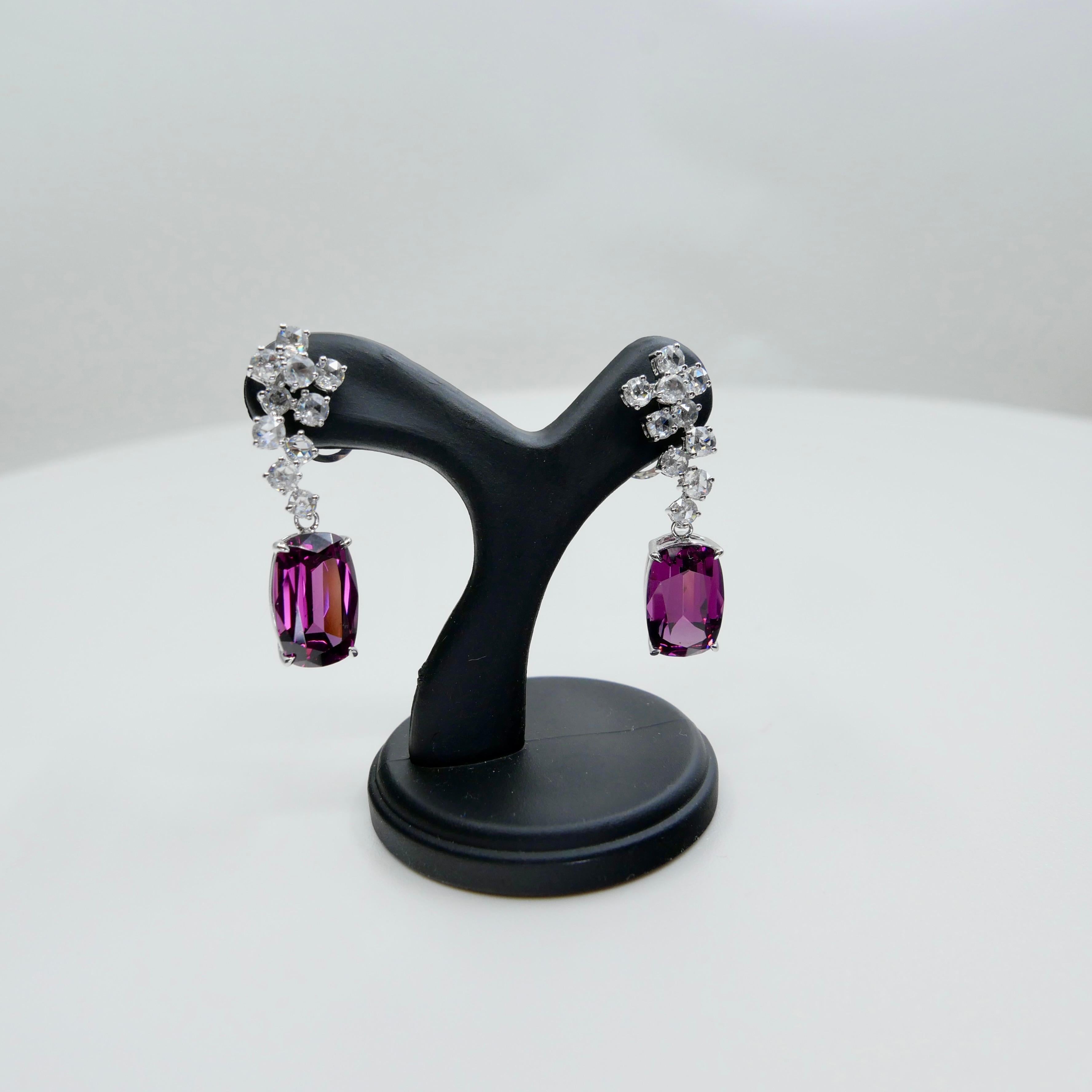 Pendientes de granate rodolita natural de 10,4 mm x 6,5 mm y diamante talla rosa. en venta 10