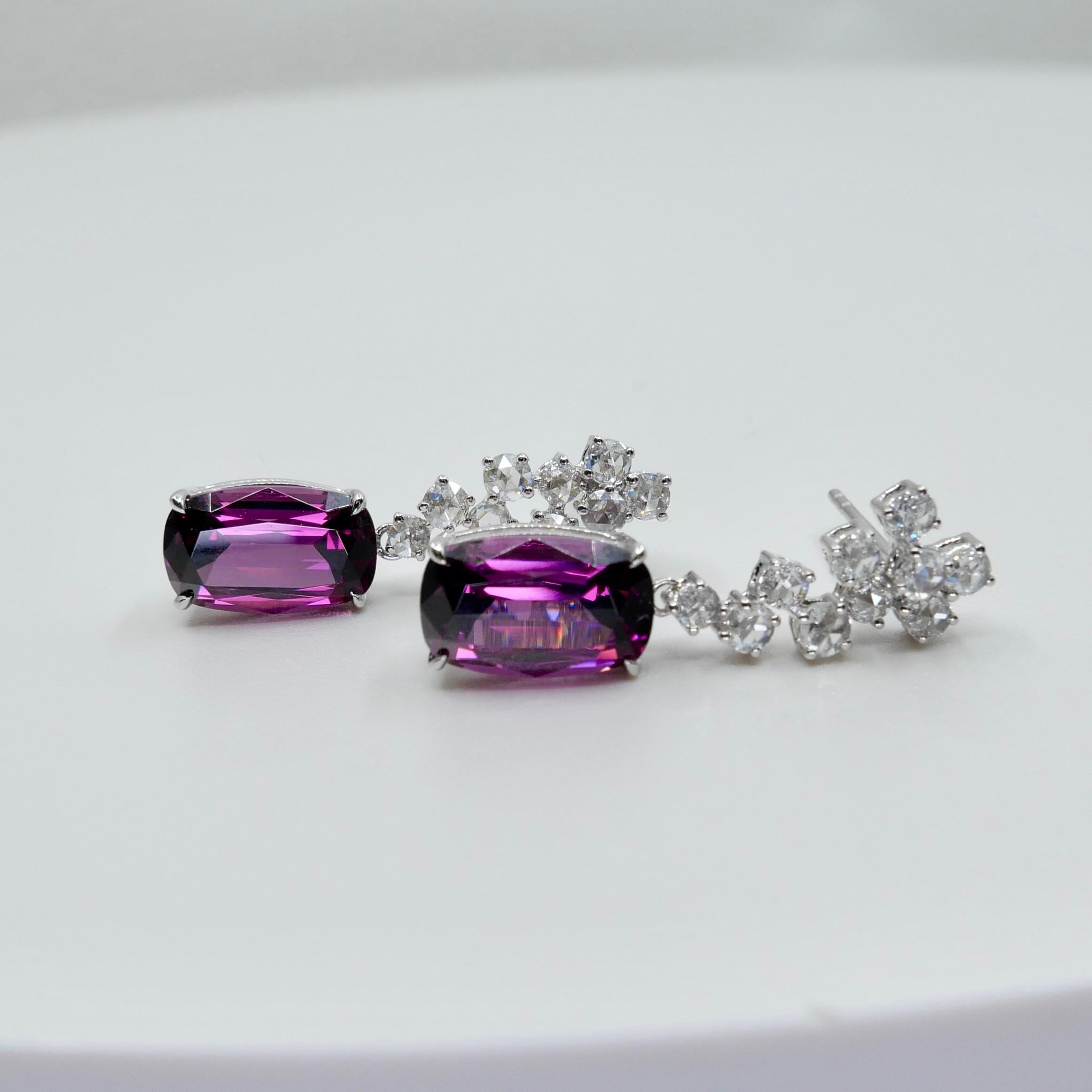 Pendientes de granate rodolita natural de 10,4 mm x 6,5 mm y diamante talla rosa. en venta 11