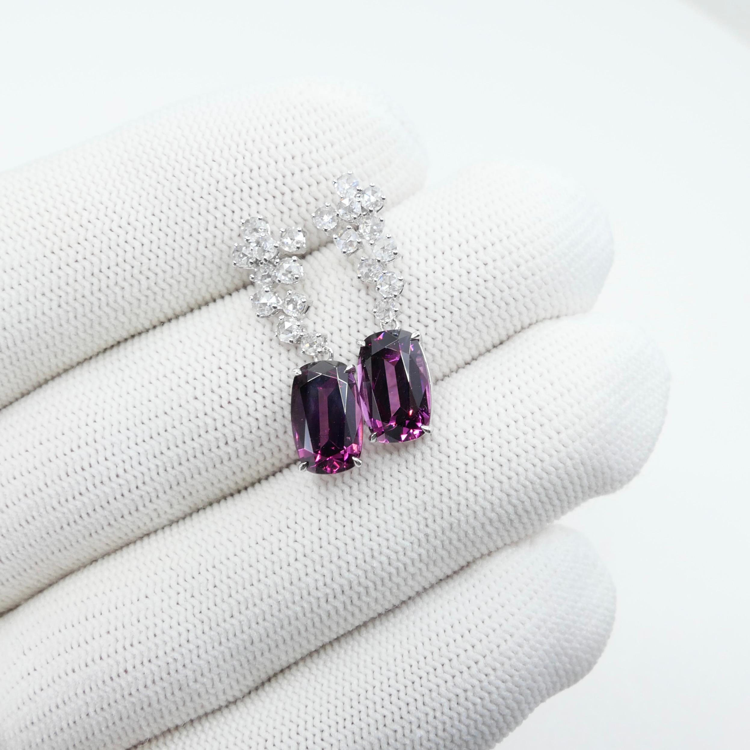 Pendientes de granate rodolita natural de 10,4 mm x 6,5 mm y diamante talla rosa. en venta 12