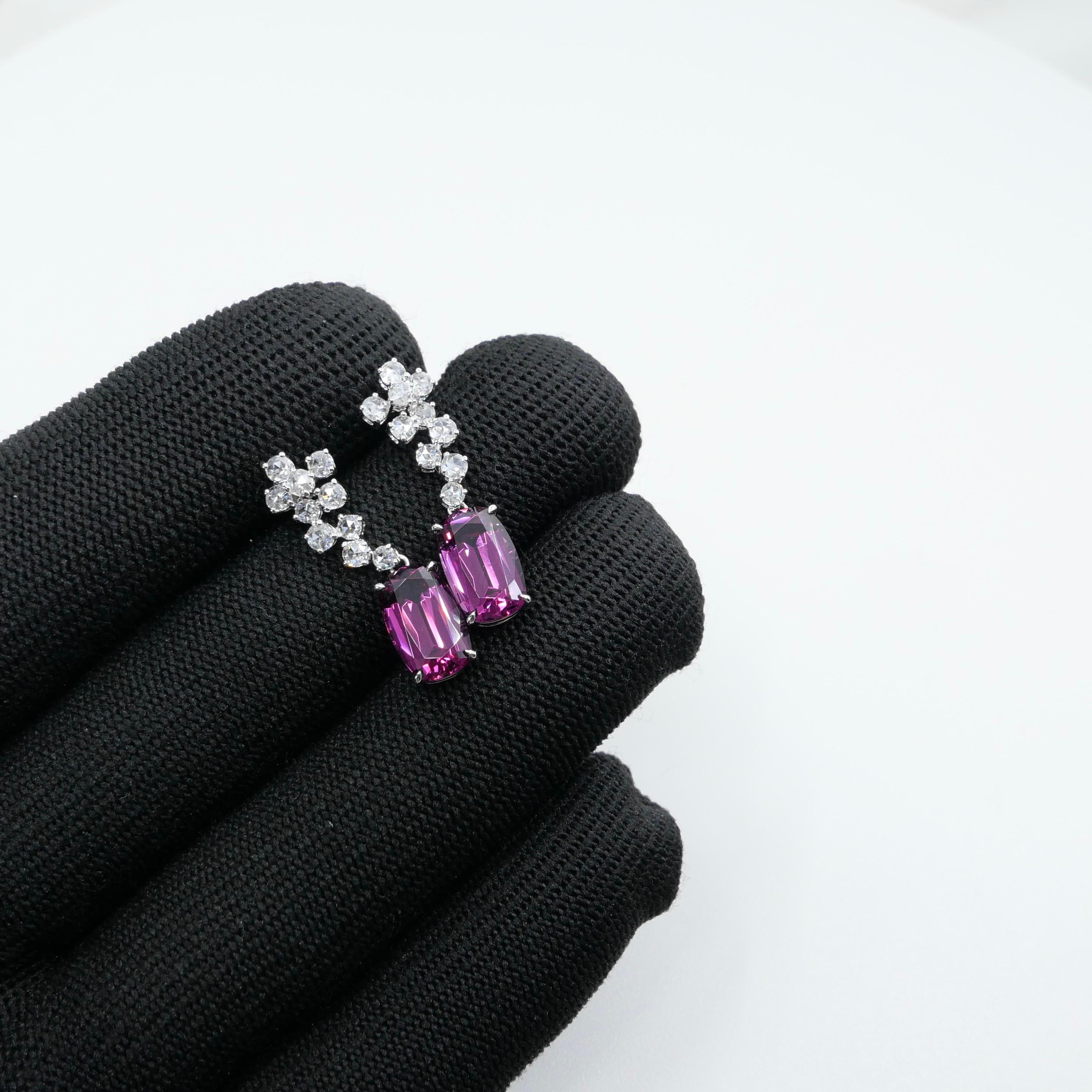Pendientes de granate rodolita natural de 10,4 mm x 6,5 mm y diamante talla rosa. en venta 13