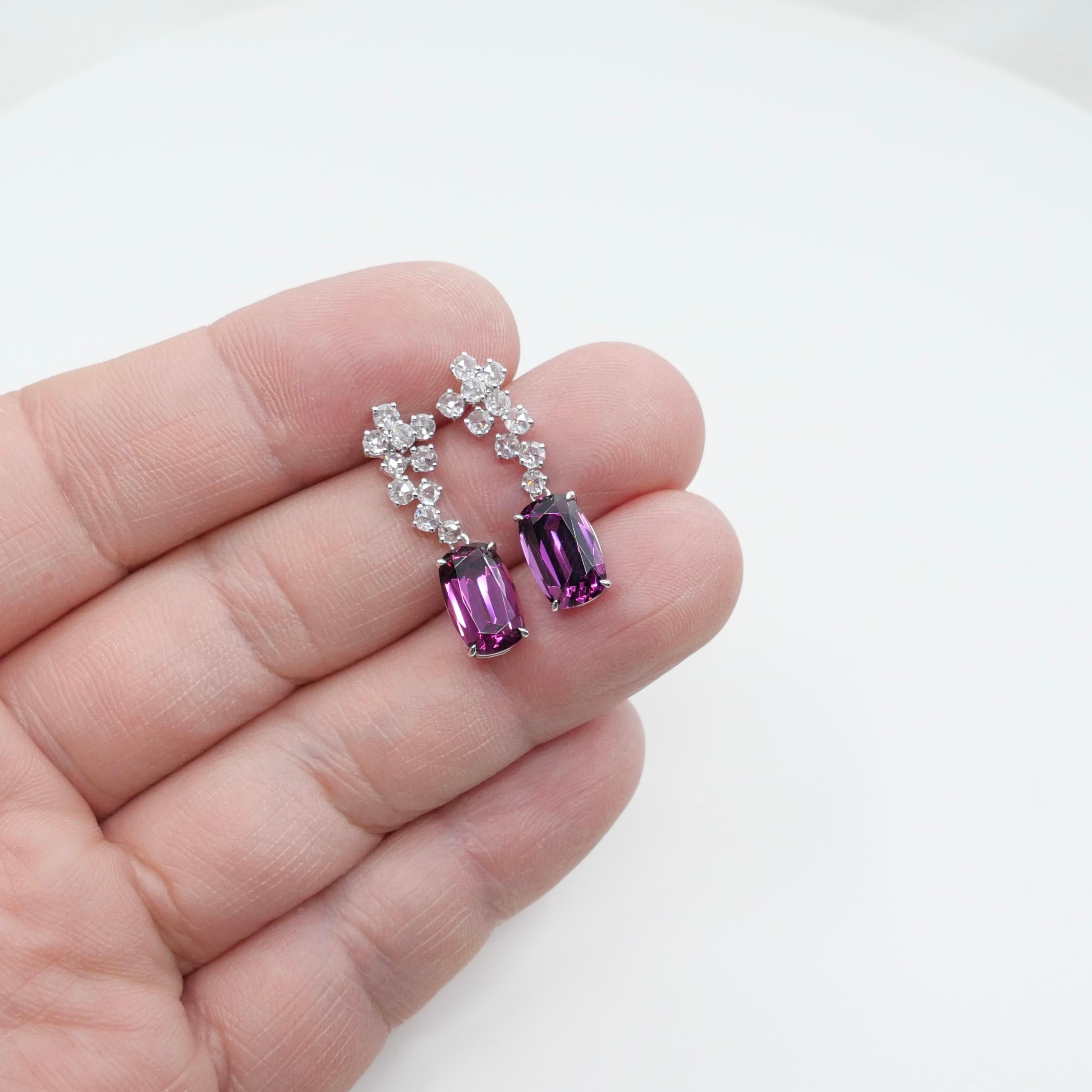 Pendientes de granate rodolita natural de 10,4 mm x 6,5 mm y diamante talla rosa. en venta 14