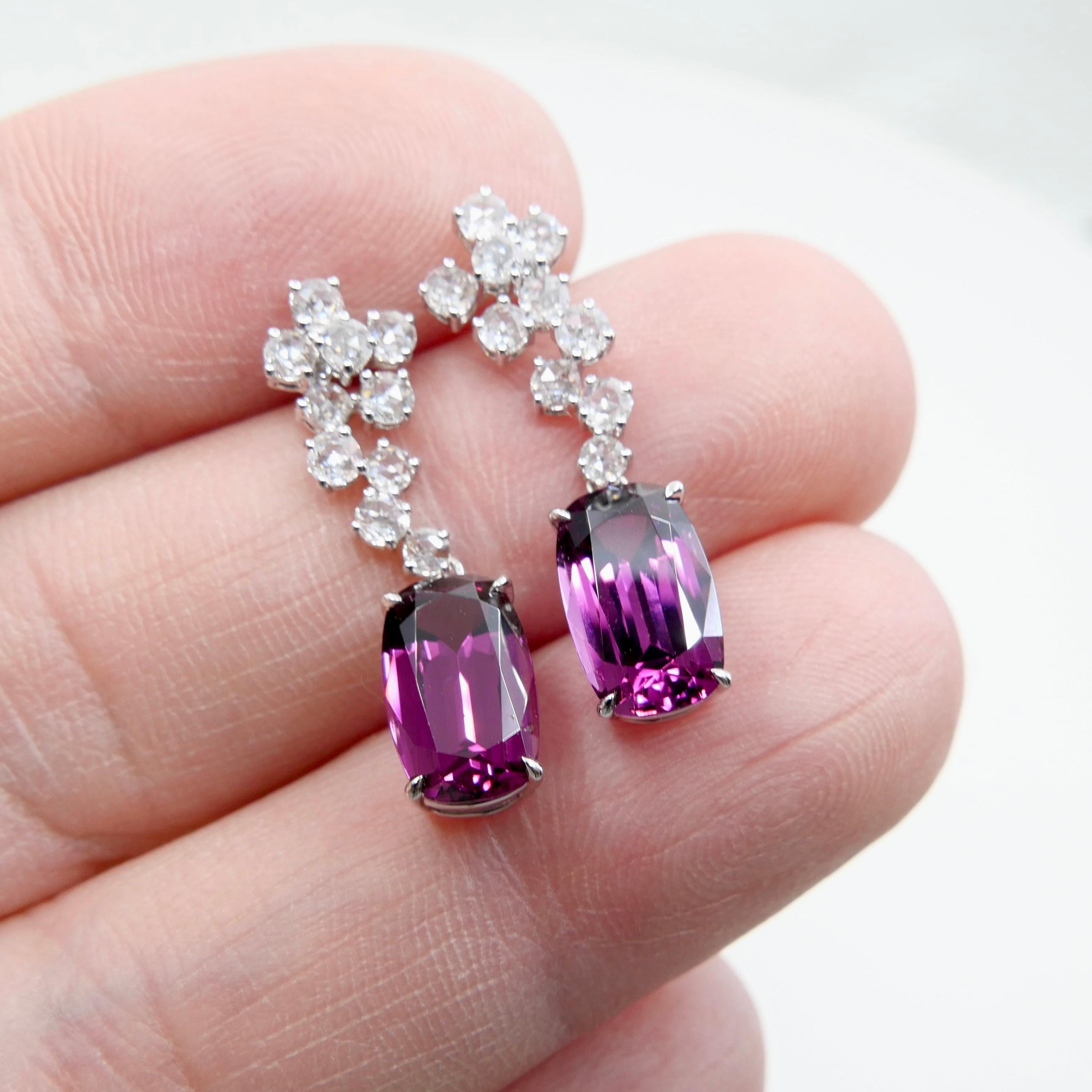 Pendientes de granate rodolita natural de 10,4 mm x 6,5 mm y diamante talla rosa. Contemporáneo en venta