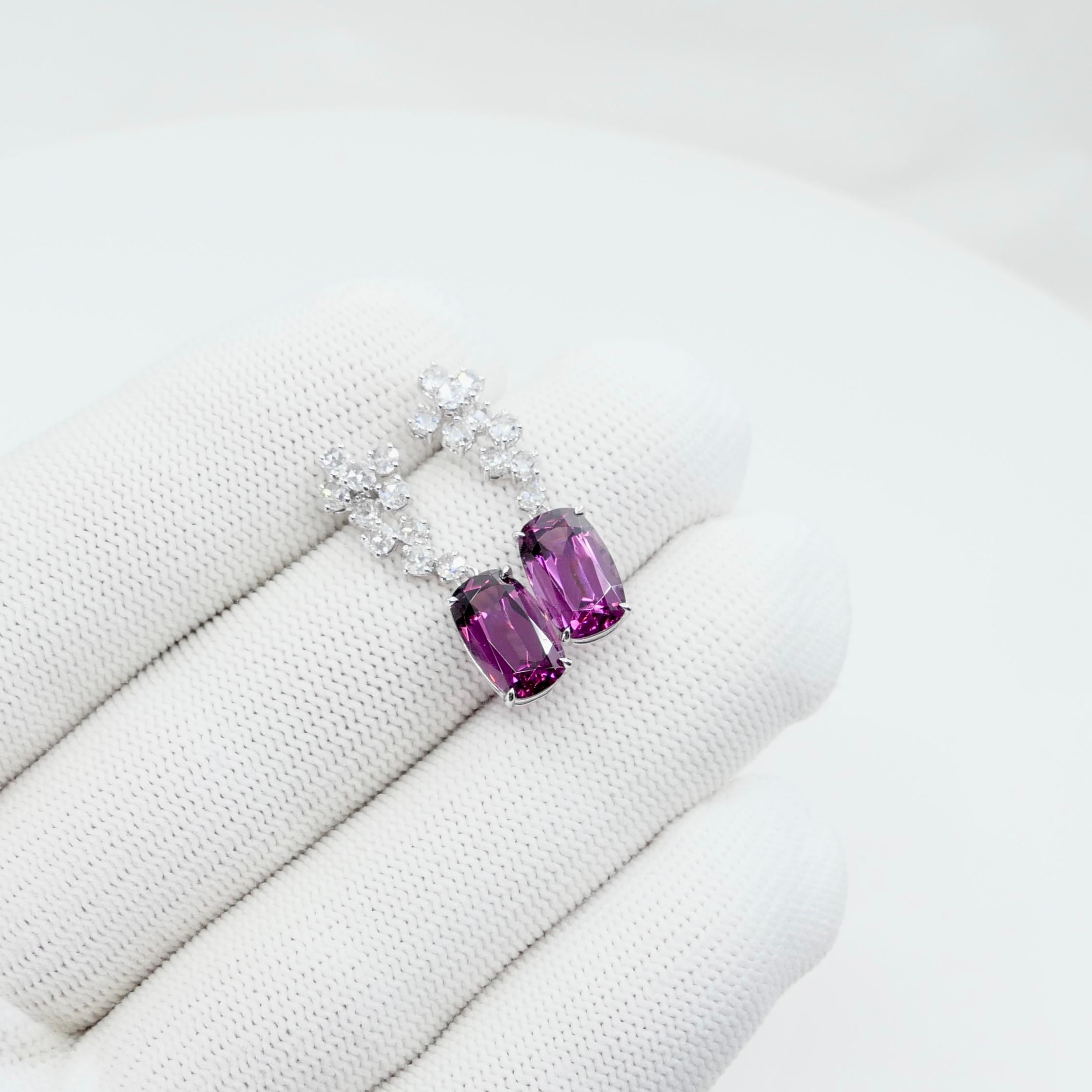 Pendientes de granate rodolita natural de 10,4 mm x 6,5 mm y diamante talla rosa. en Nuevo estado para la venta en Hong Kong, HK