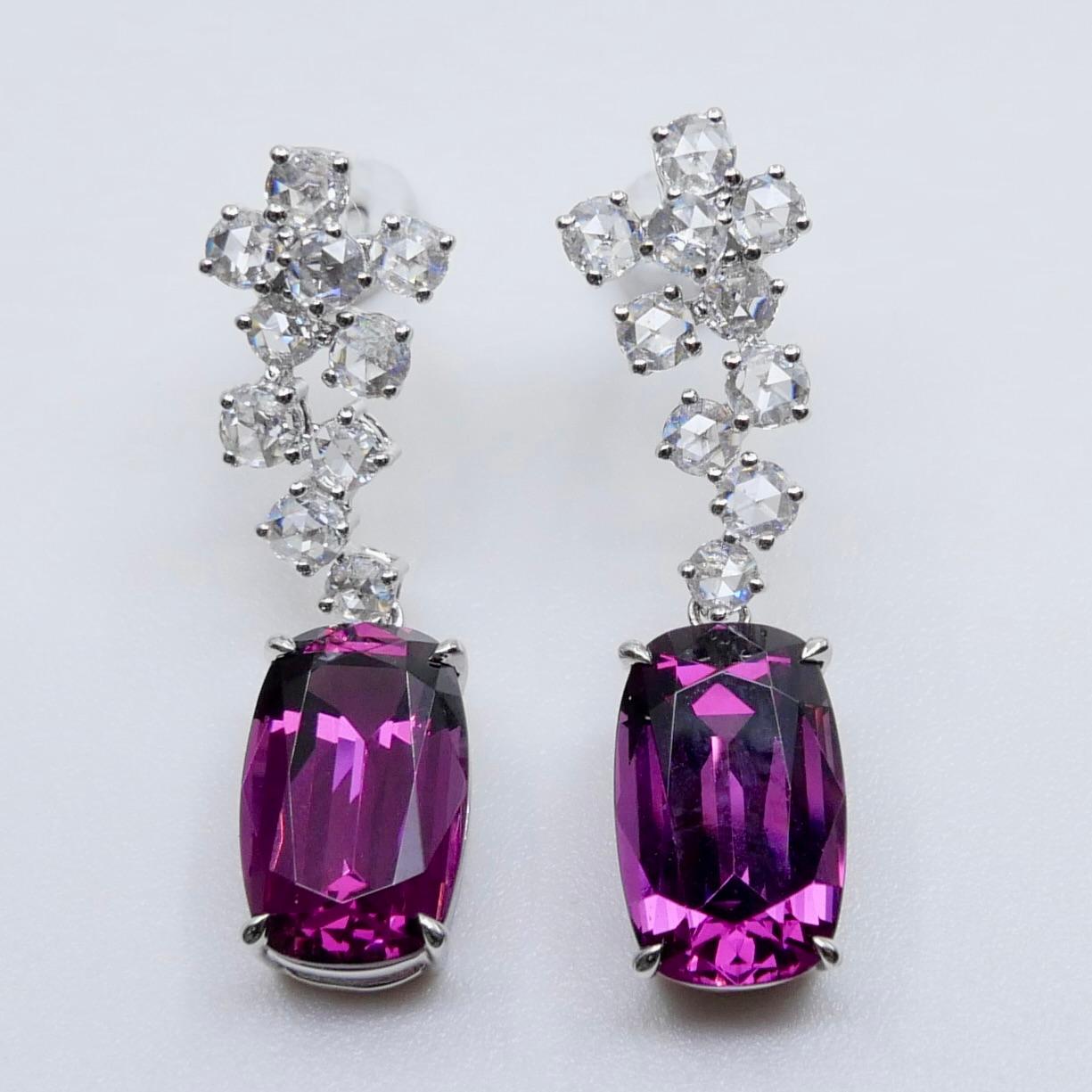 Pendientes de granate rodolita natural de 10,4 mm x 6,5 mm y diamante talla rosa. en venta 2