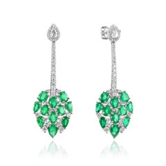 5.74 Carat Pear/Oval Emeralds & White Diamond Round/Pear 18 Karat Gold Earrings