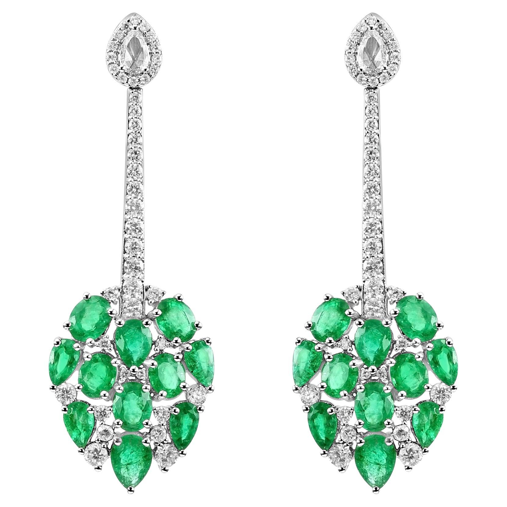 5.74 Carat Pear/Oval Emeralds & White Diamond Round/Pear 18 Karat Gold Earrings