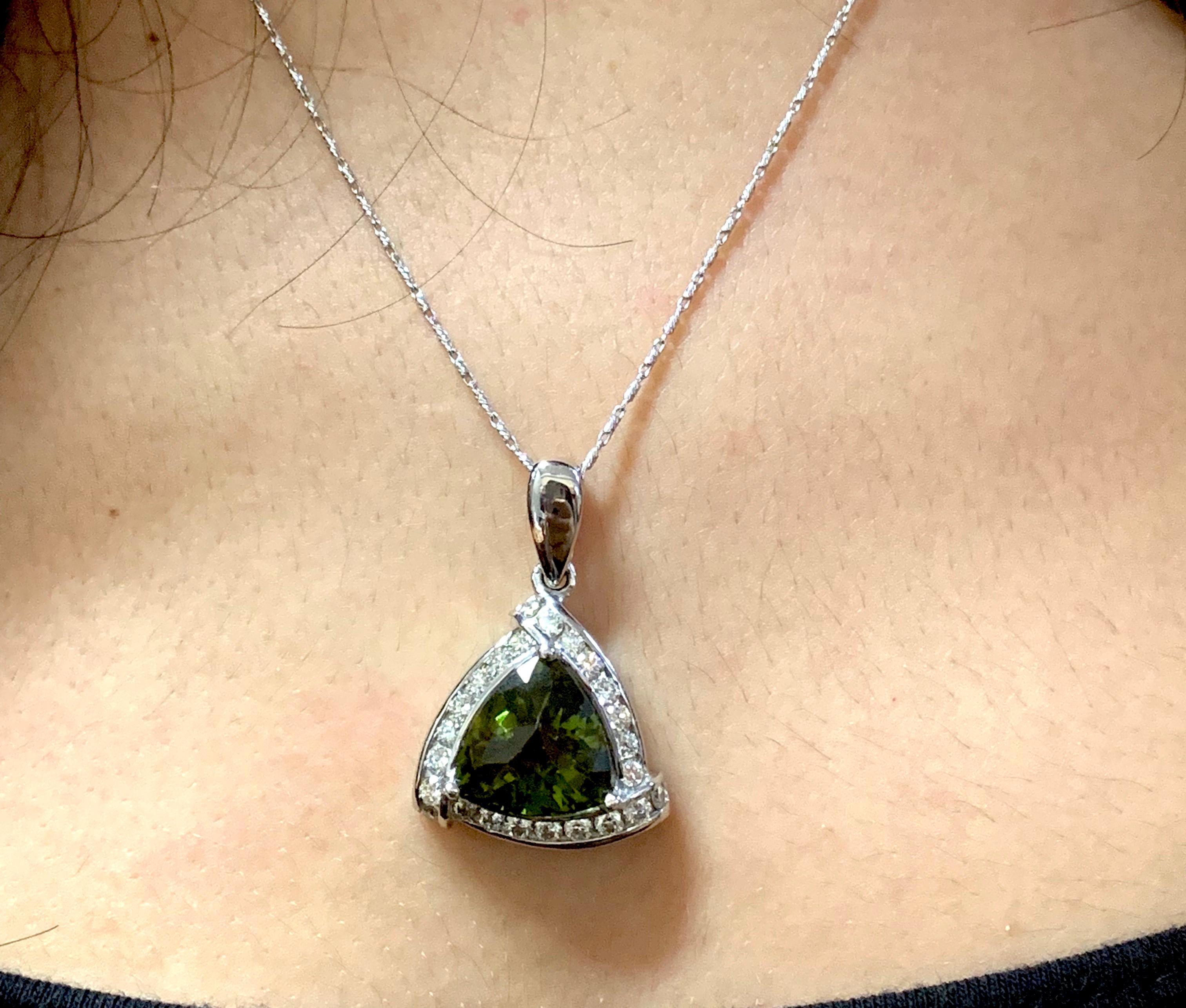 Trillion Cut 5.74 Carat Trillion Green Tourmaline and Diamond Pendant