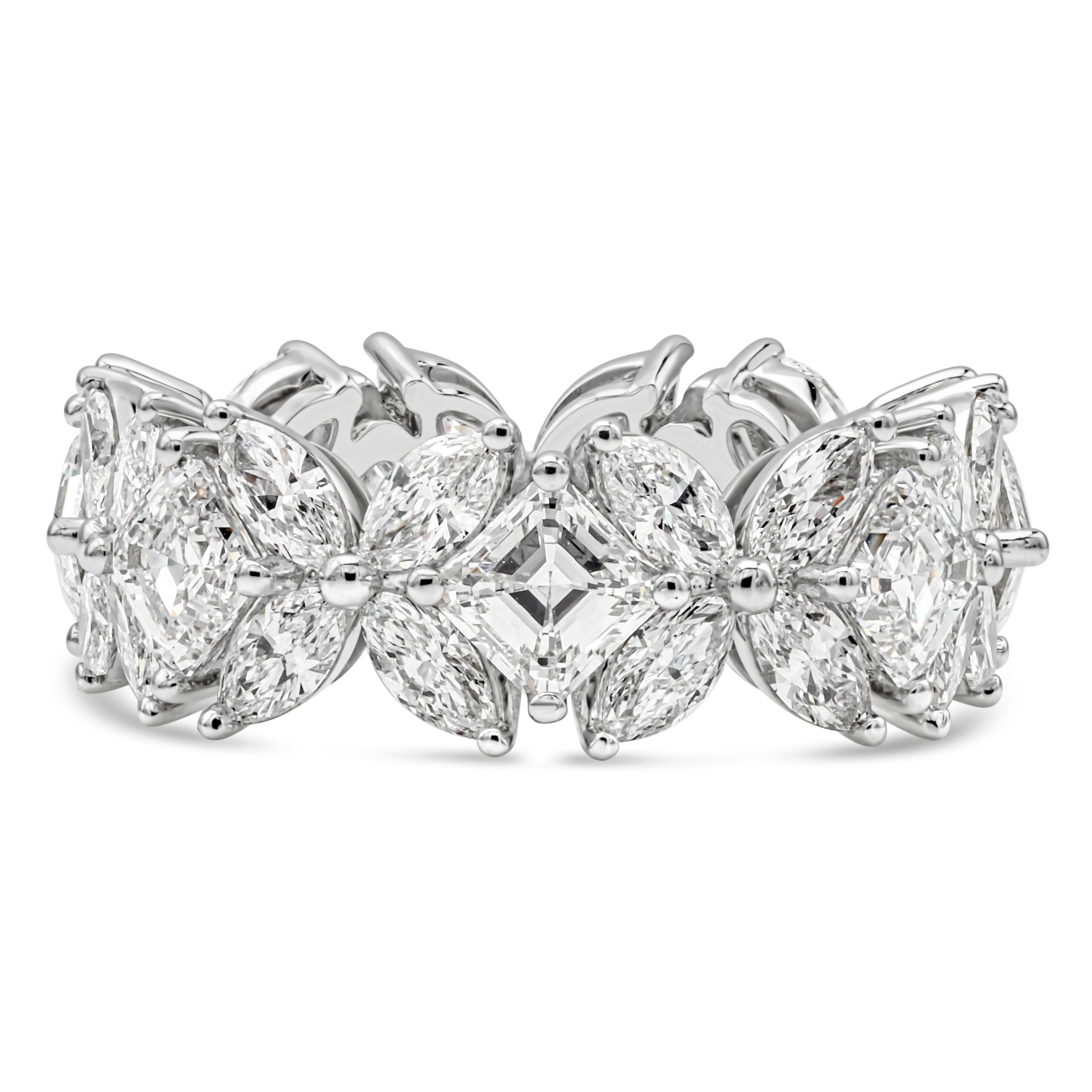 A fashionable and stylish band showcasing marquise cut diamonds in a flower-motif design weighing 2.56 carats total, F Color and VS- SI1 in Clarity. Elegantly spaced by asscher cut diamonds weighing 3.18 carats total, F Color and VS+ in Clarity.