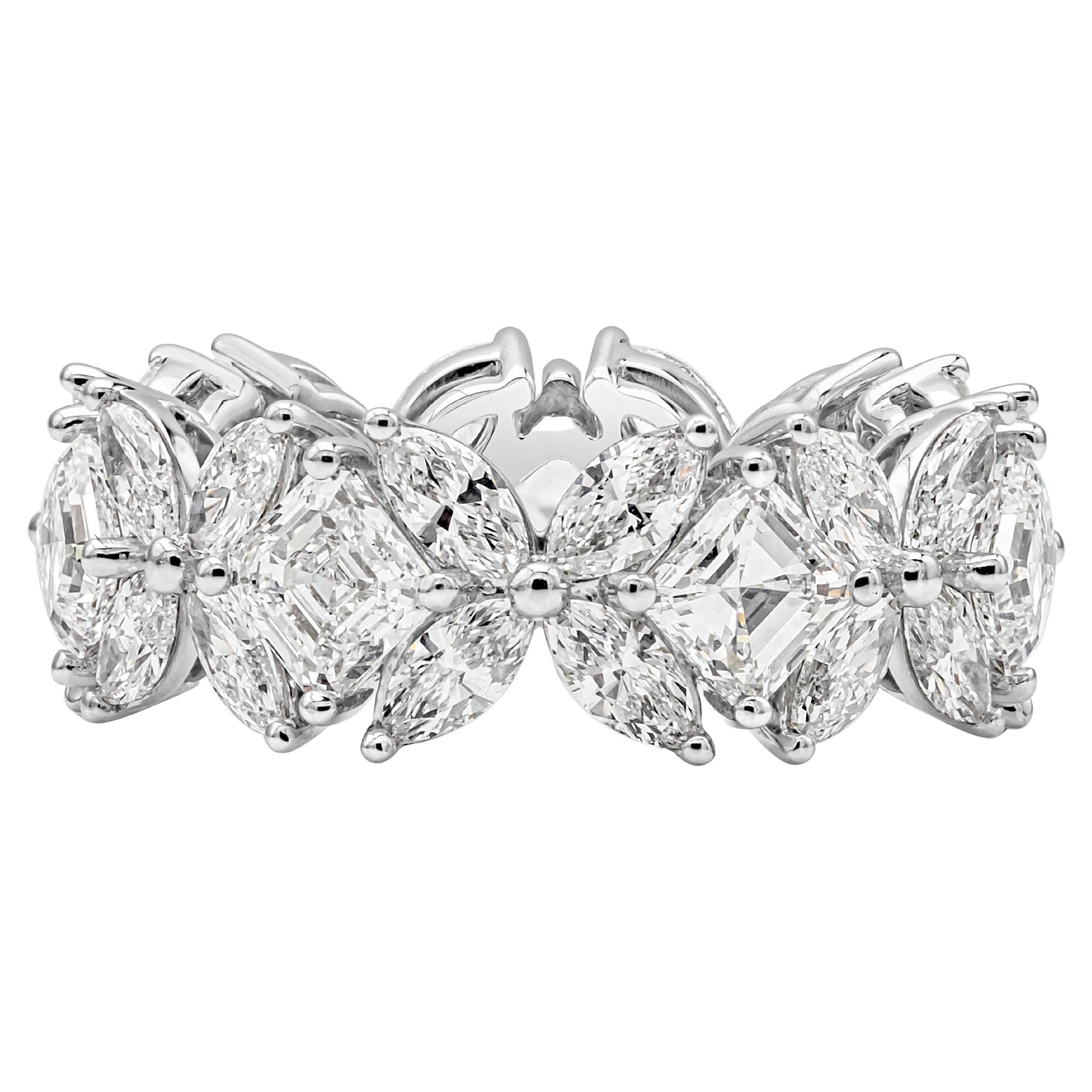 5.74 Carats Total Marquise and Asscher Cut Diamond Flower Eternity Band For Sale