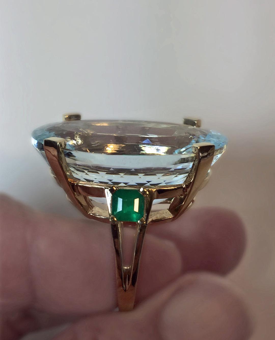 57.40 Carat Aquamarine Emerald Vintage Gold Retro Style Ring  7