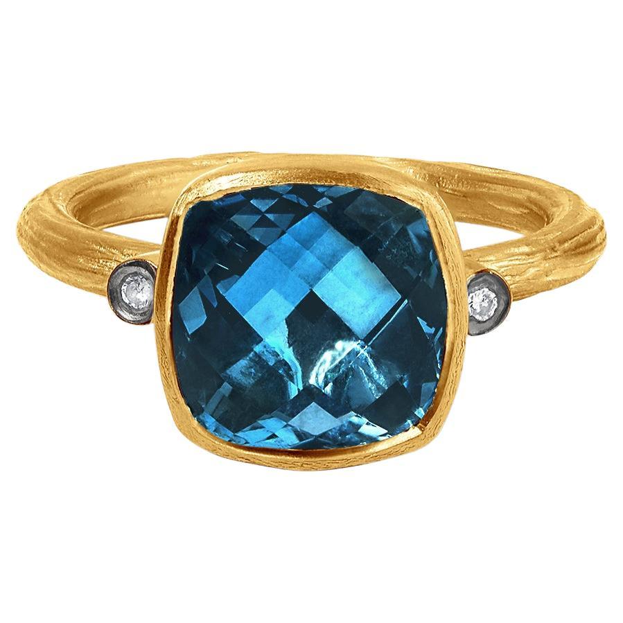 5.74ct Faceted Checkerboard London Blue Topaz & Diamond Ring 24kt Gold & Silver For Sale