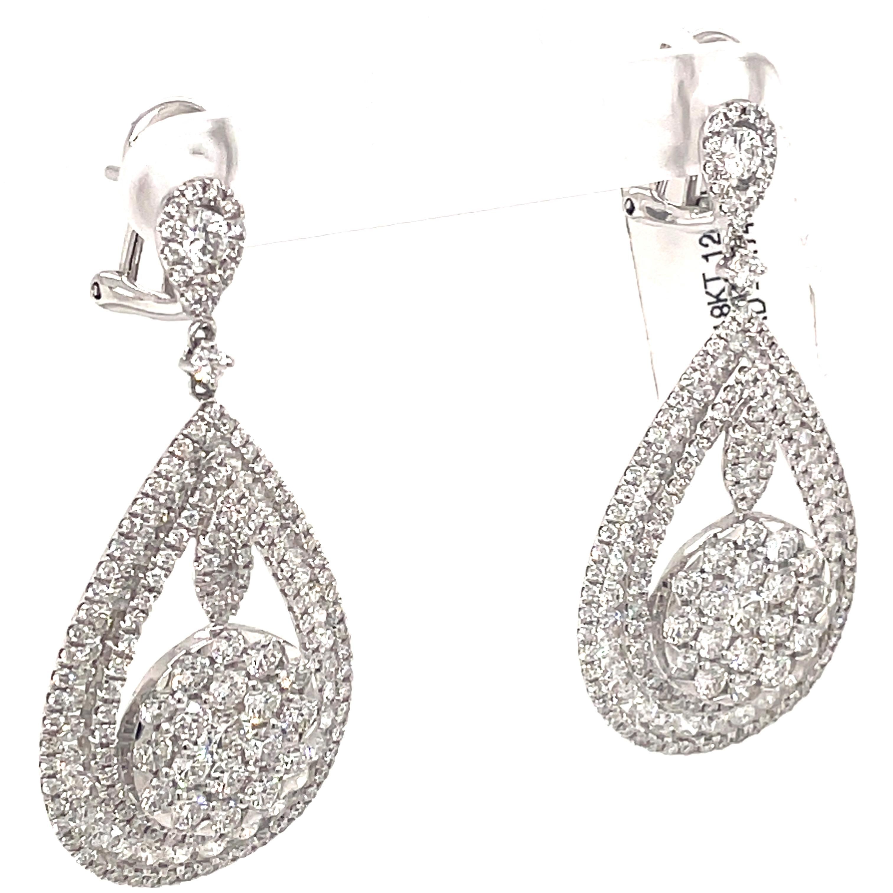 Contemporary 5.74ct Pave Diamond Drop Earrings 18k White Gold For Sale