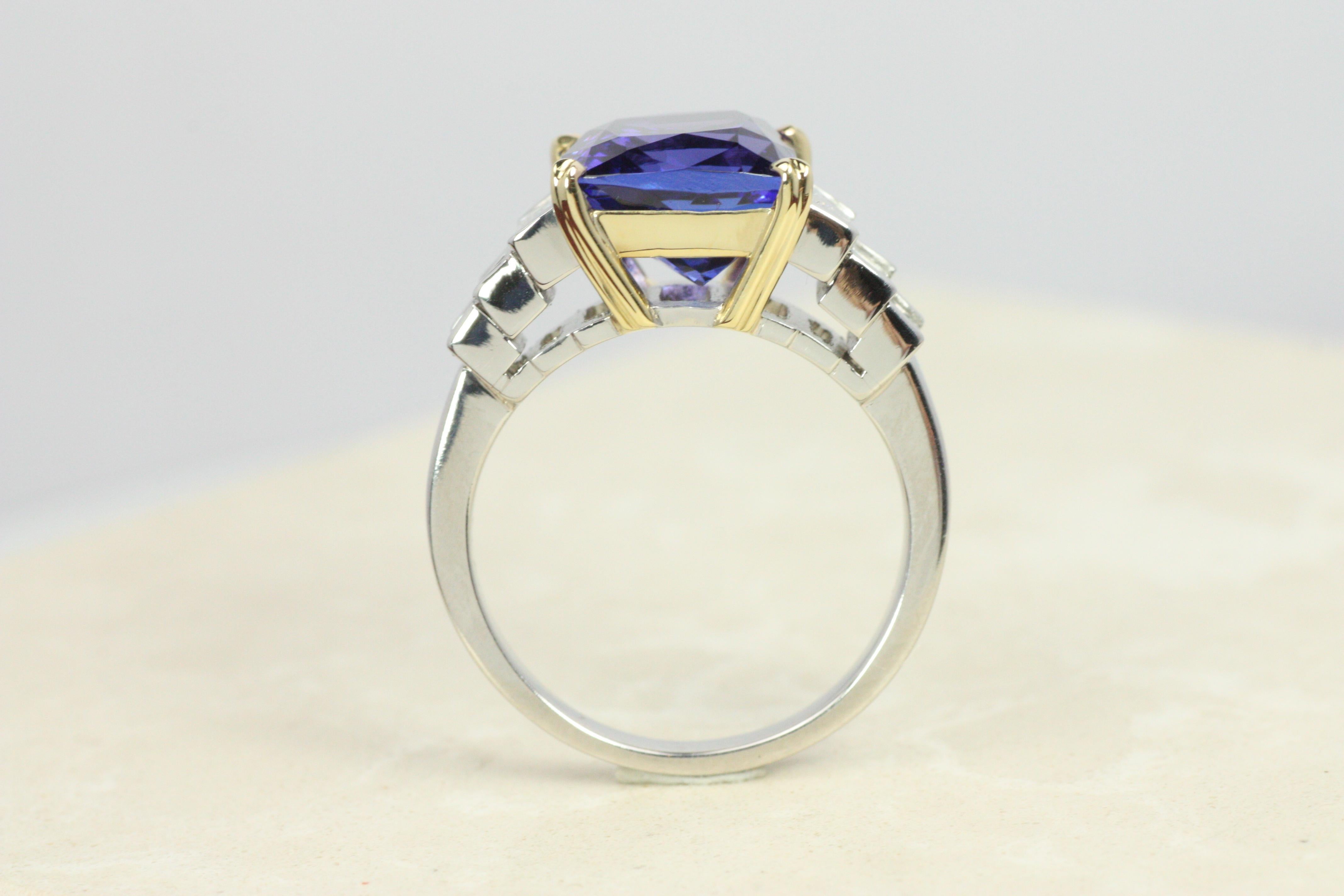 Baguette Cut 5.74ct Tanzanite Cocktail Ring with 1.00cttw Baguette Diamonds in Platinum & 18K For Sale