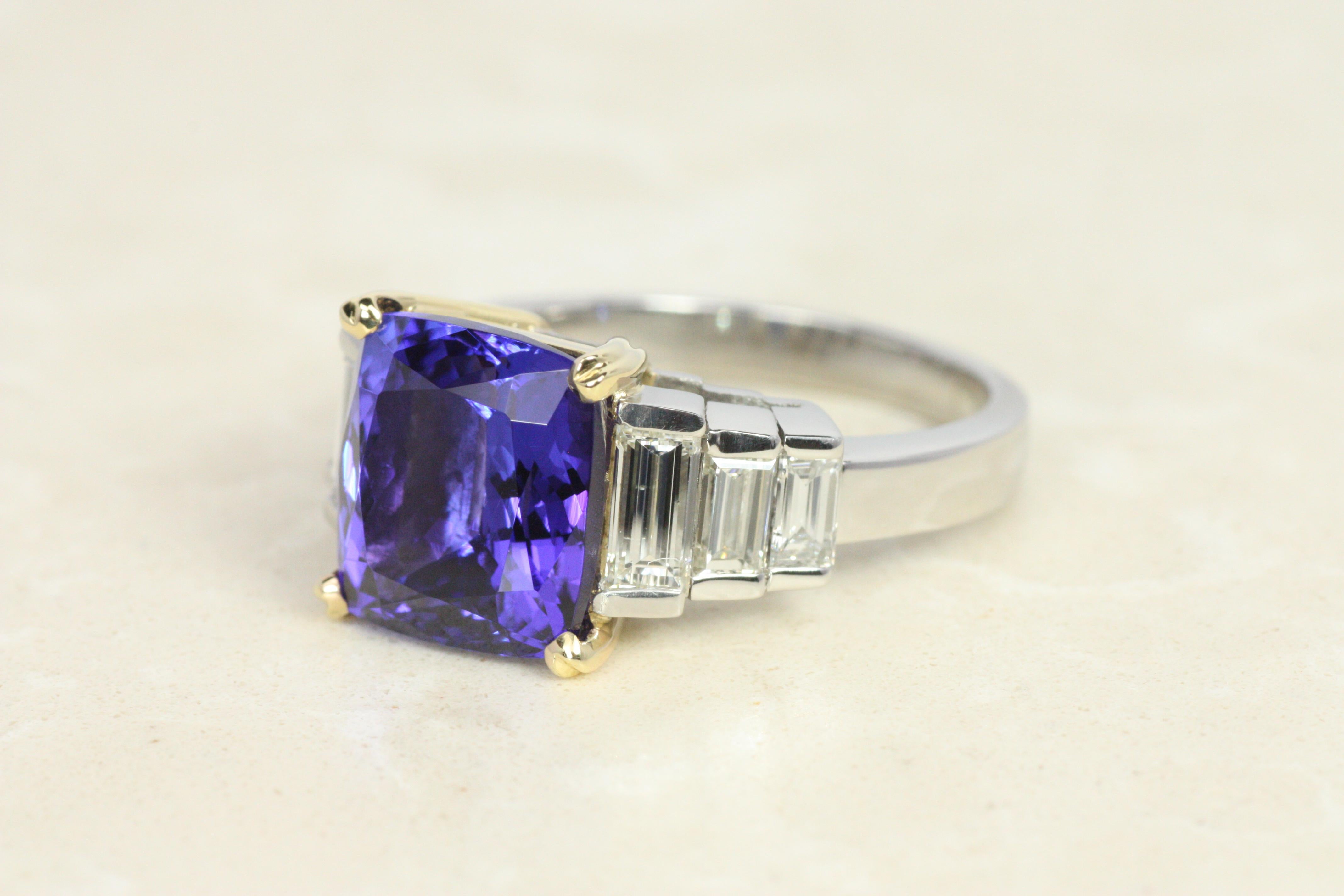 5.74ct Tanzanite Cocktail Ring with 1.00cttw Baguette Diamonds in Platinum & 18K In New Condition For Sale In Santa Monica, CA