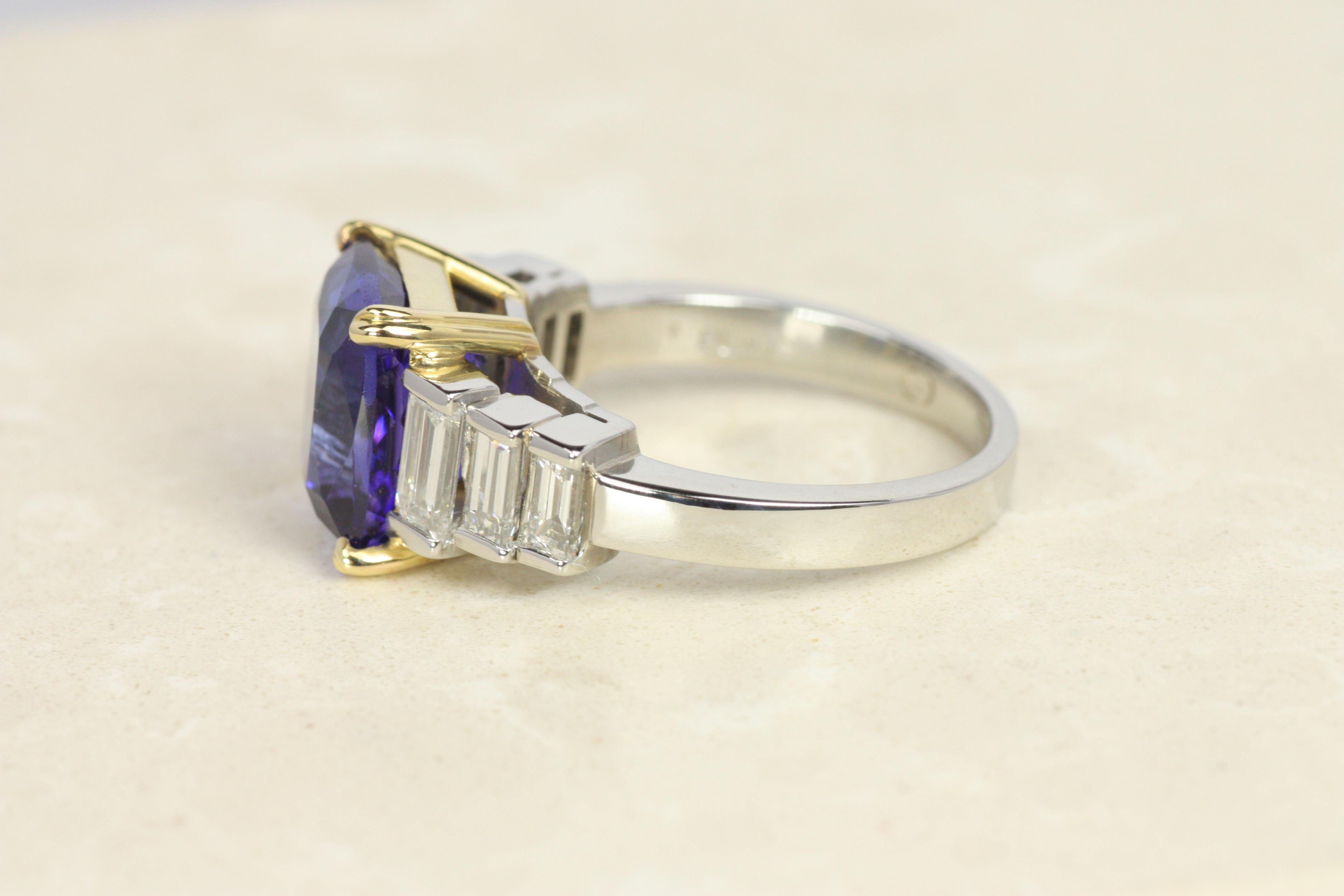 Women's or Men's 5.74ct Tanzanite Cocktail Ring with 1.00cttw Baguette Diamonds in Platinum & 18K For Sale