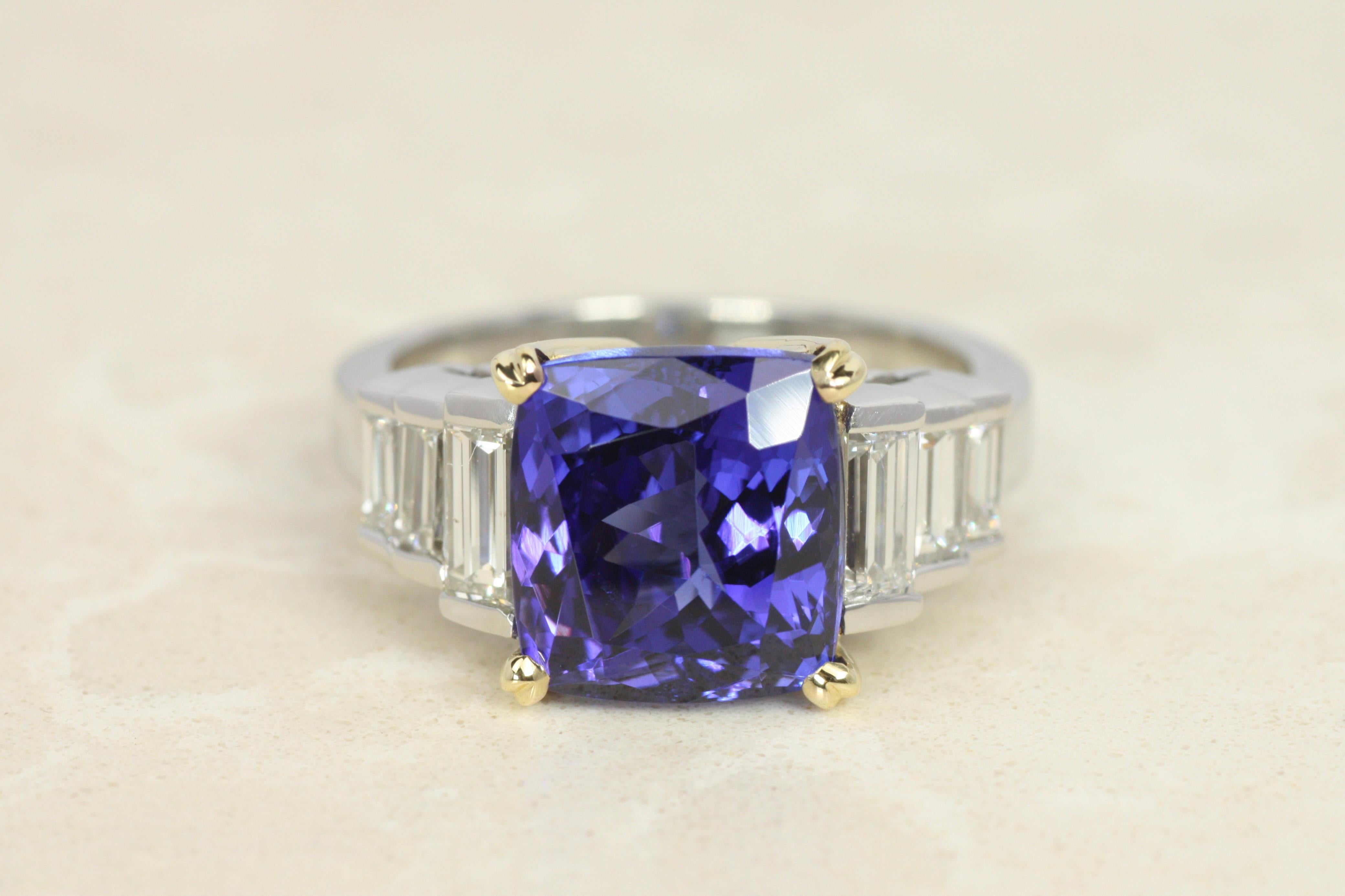 5.74ct Tanzanite Cocktail Ring with 1.00cttw Baguette Diamonds in Platinum & 18K For Sale 1