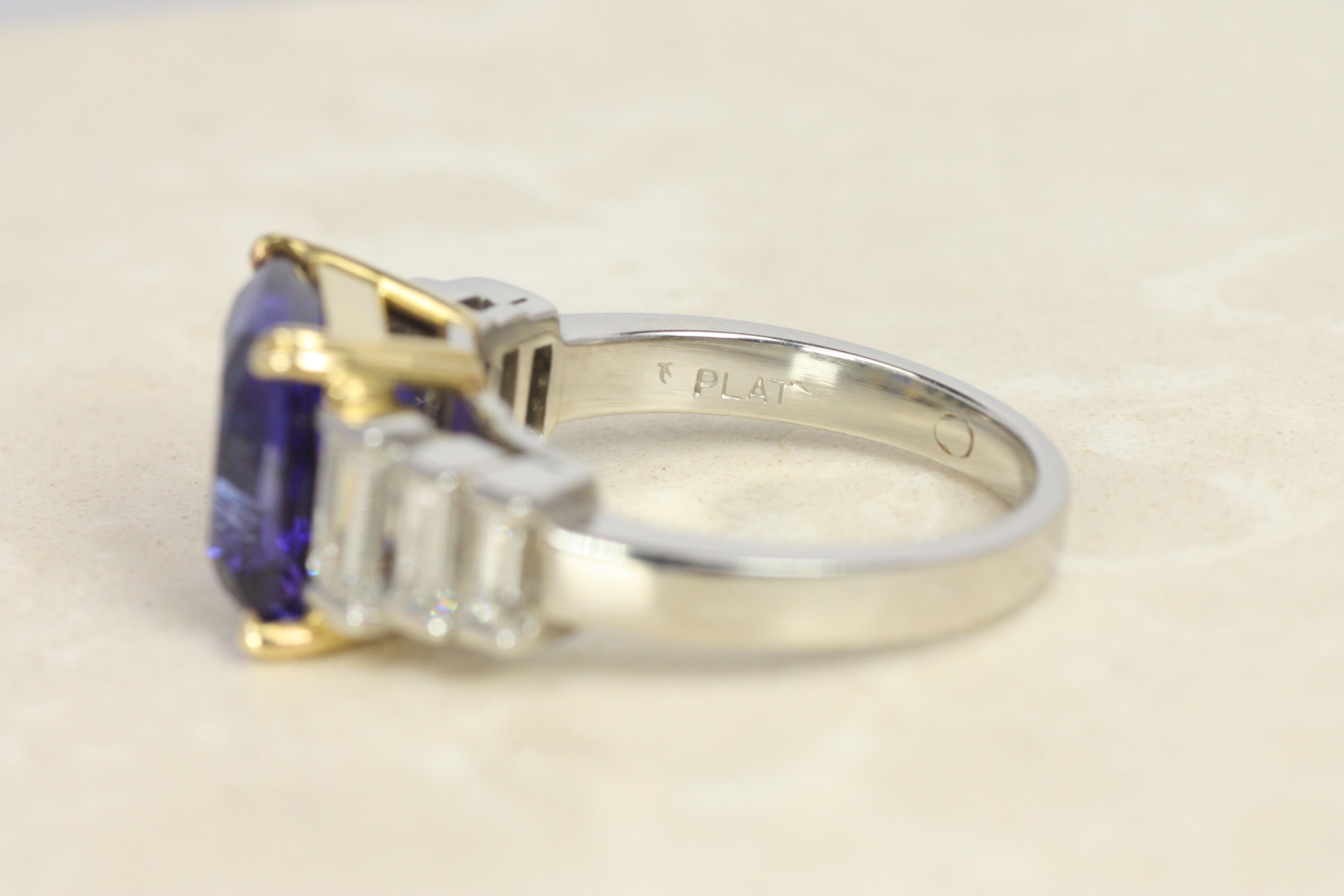5.74ct Tanzanite Cocktail Ring with 1.00cttw Baguette Diamonds in Platinum & 18K For Sale 2