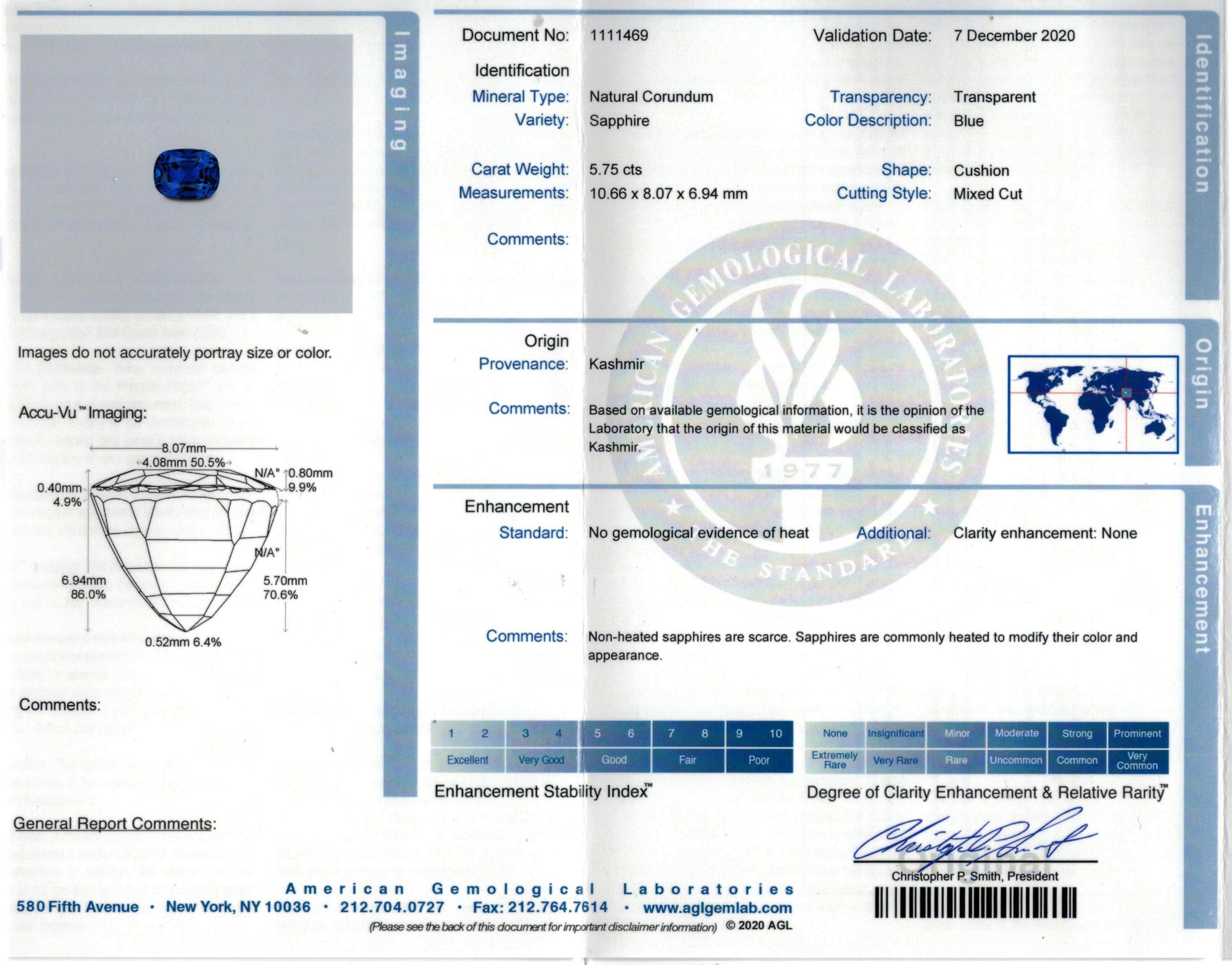 Women's or Men's 5.75 Carat AGL Certified 5.75 Carat Non Heated Kashmir Sapphire