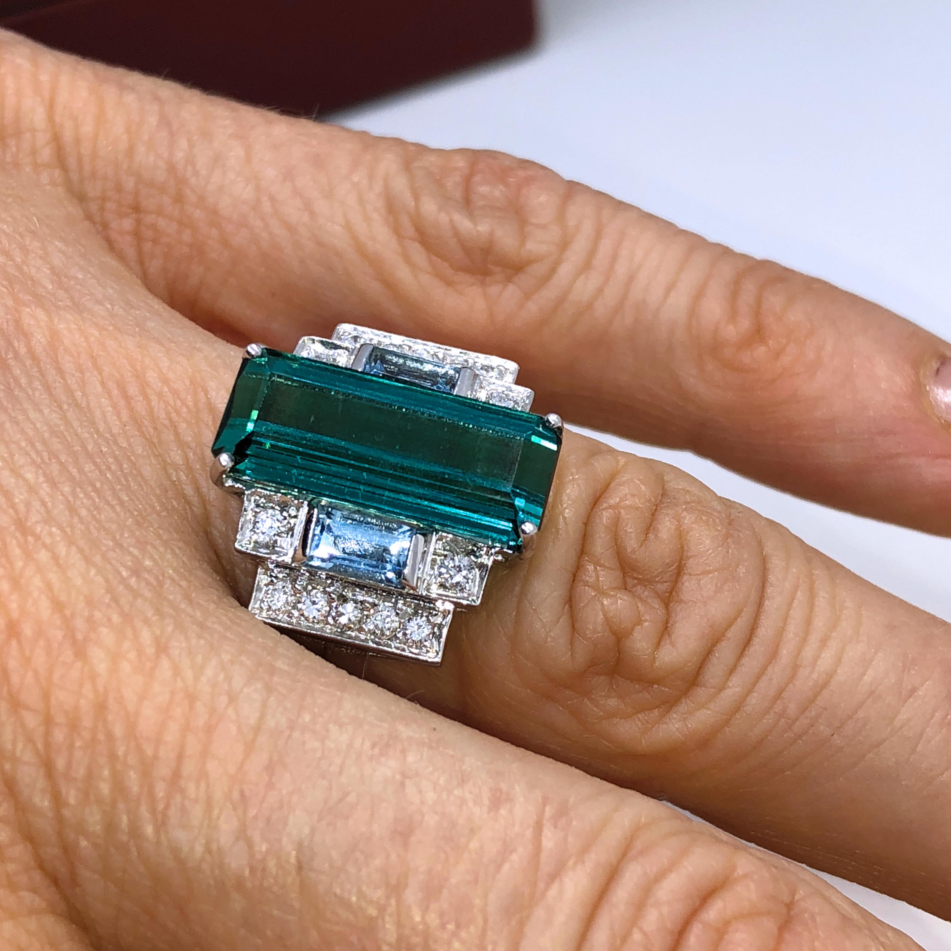 5.75 Carat Baguette Cut Peacock Blue Tourmaline Aquamarine Diamond Cocktail Ring 5