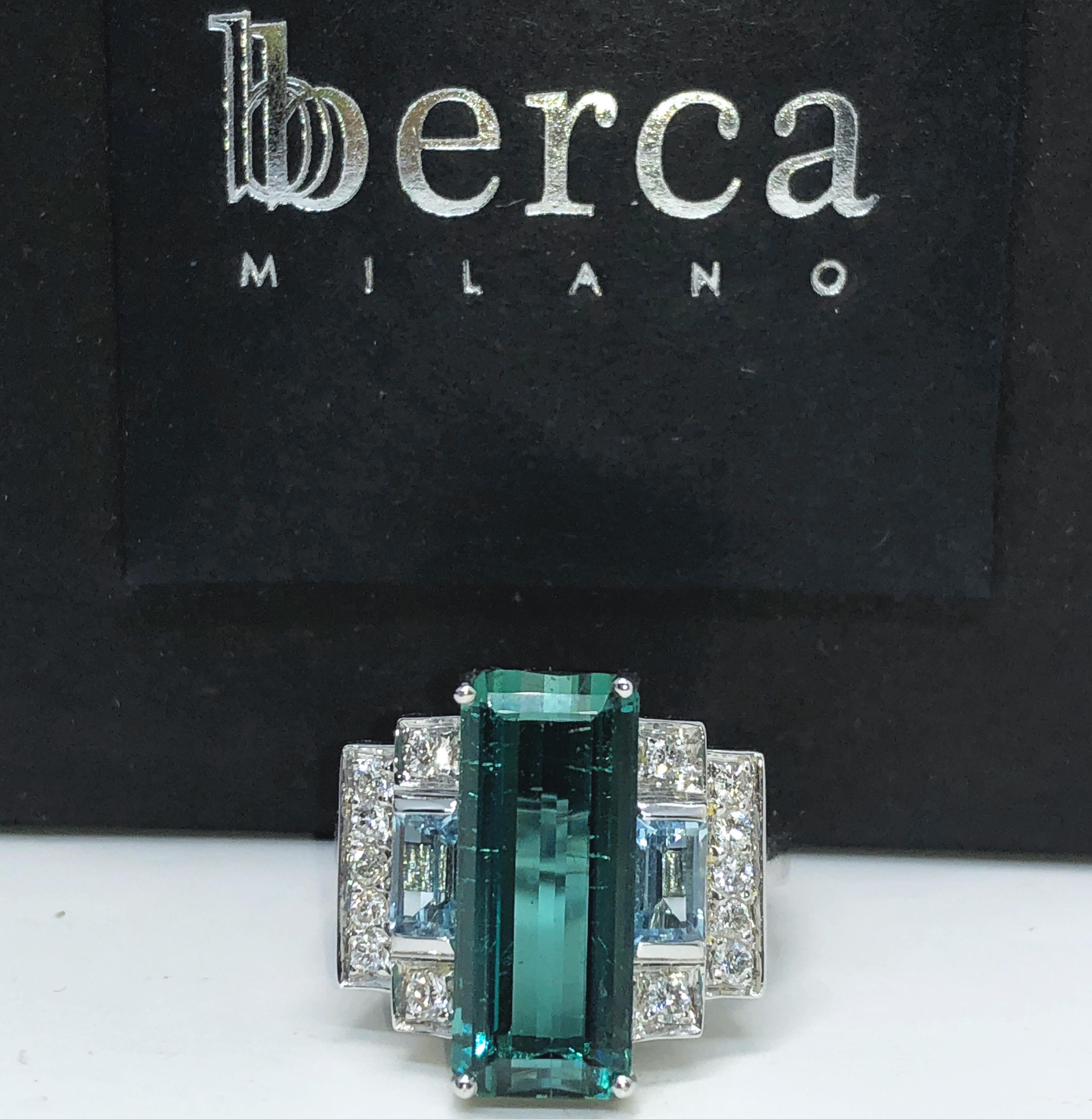 Women's 5.75 Carat Baguette Cut Peacock Blue Tourmaline Aquamarine Diamond Cocktail Ring