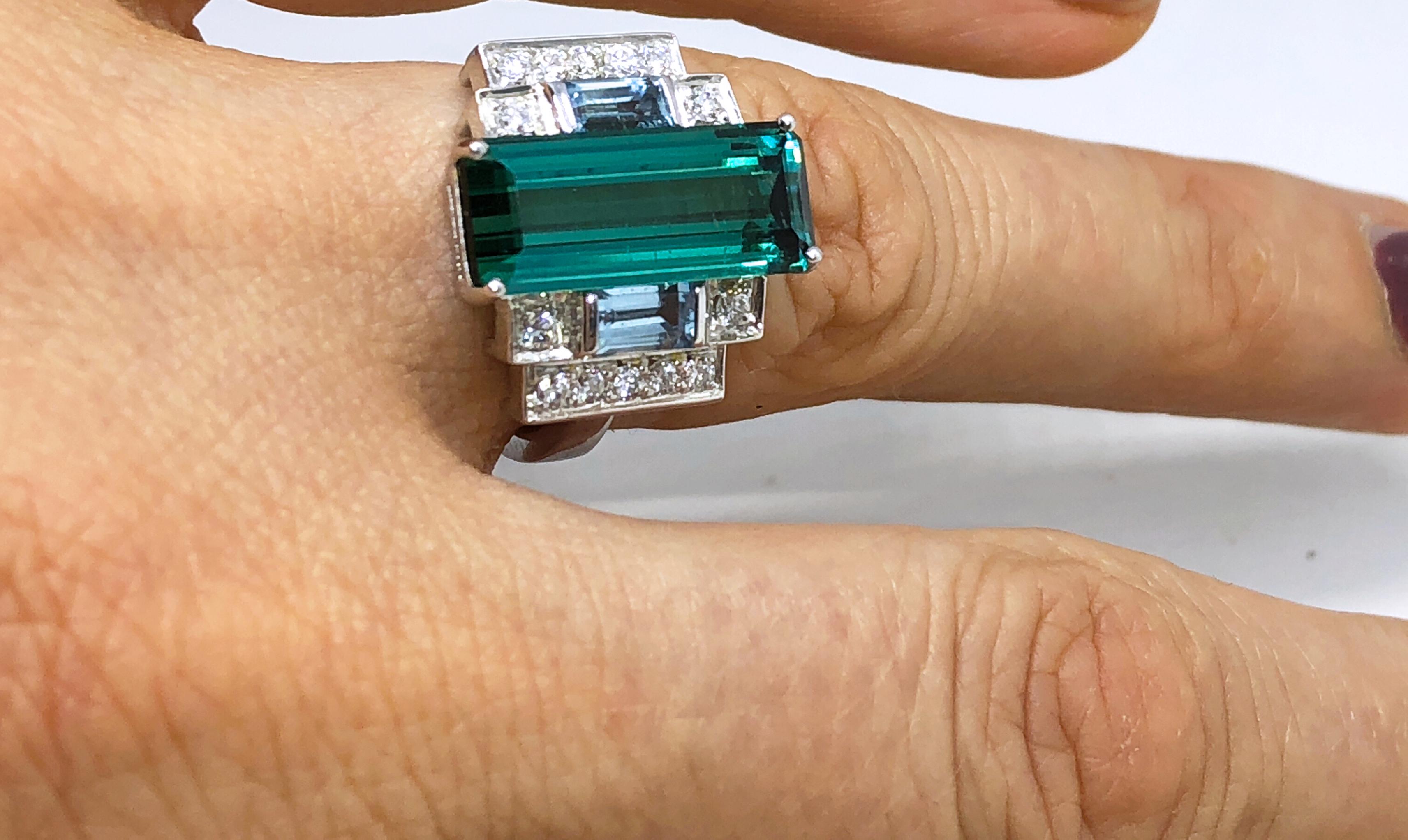 5.75 Carat Baguette Cut Peacock Blue Tourmaline Aquamarine Diamond Cocktail Ring 3