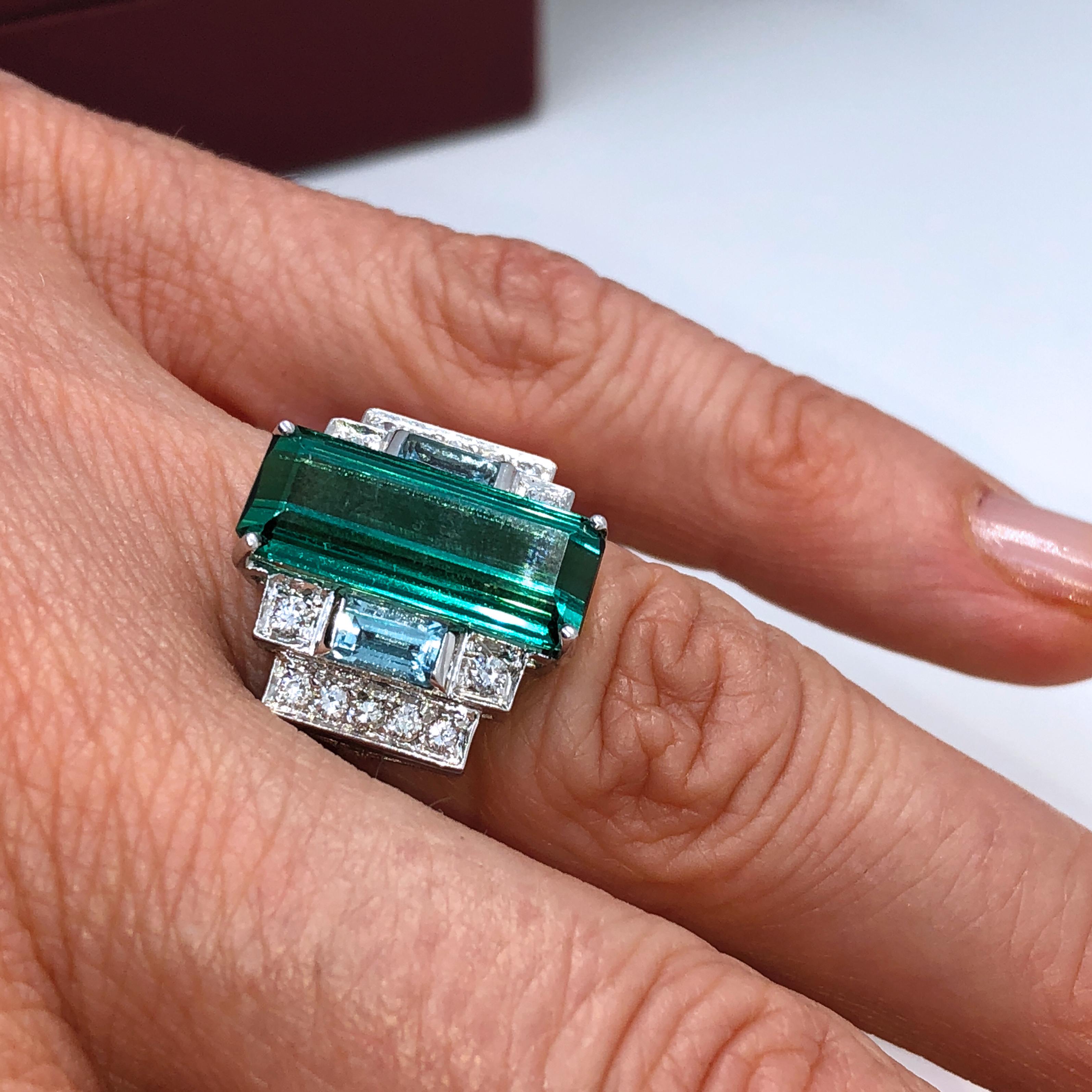 5.75 Carat Baguette Cut Peacock Blue Tourmaline Aquamarine Diamond Cocktail Ring 4