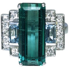 5.75 Carat Baguette Cut Peacock Blue Tourmaline Aquamarine Diamond Cocktail Ring