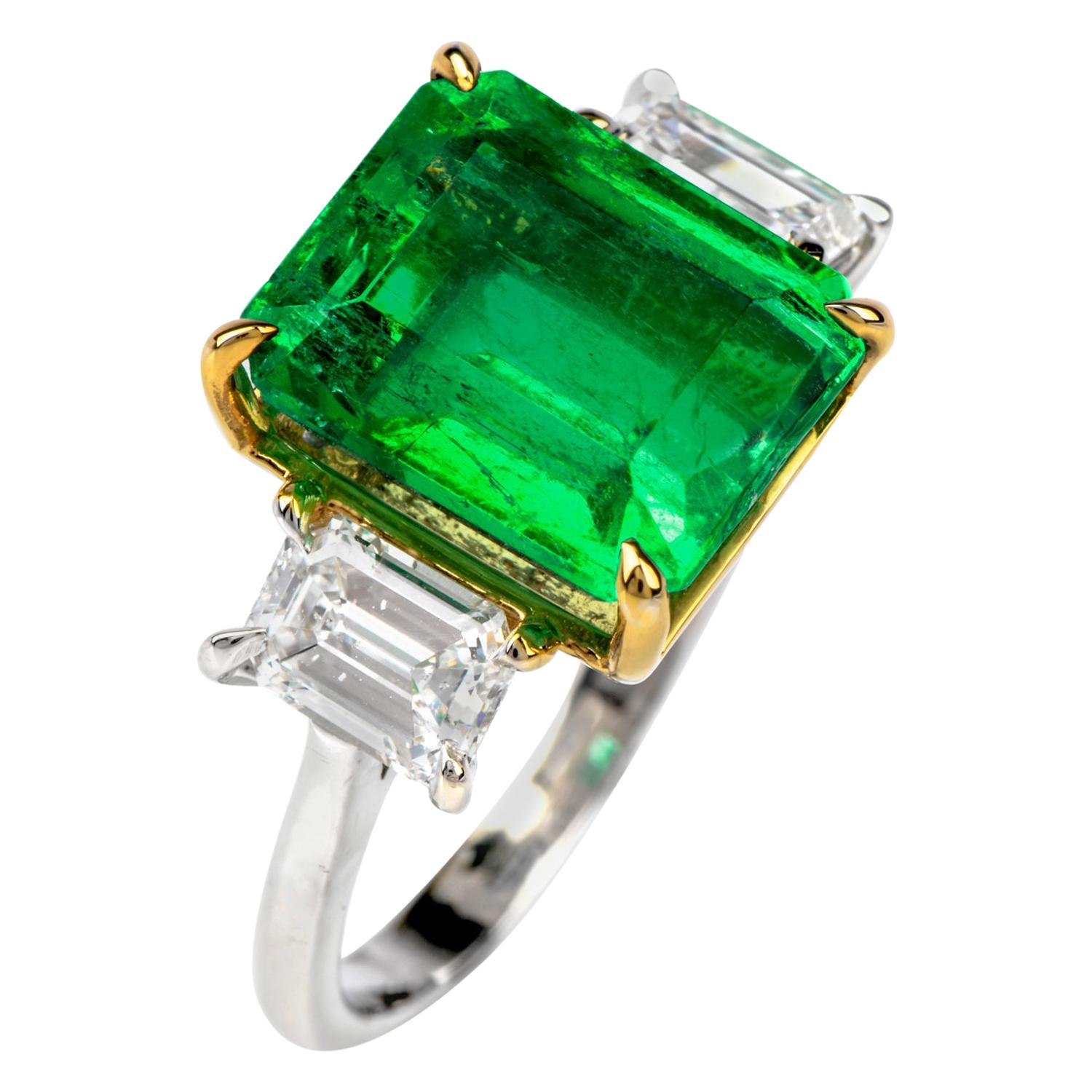  5.75 Carat Colombian Emerald and Diamond 18 Karat White Gold Three-Stone Ring