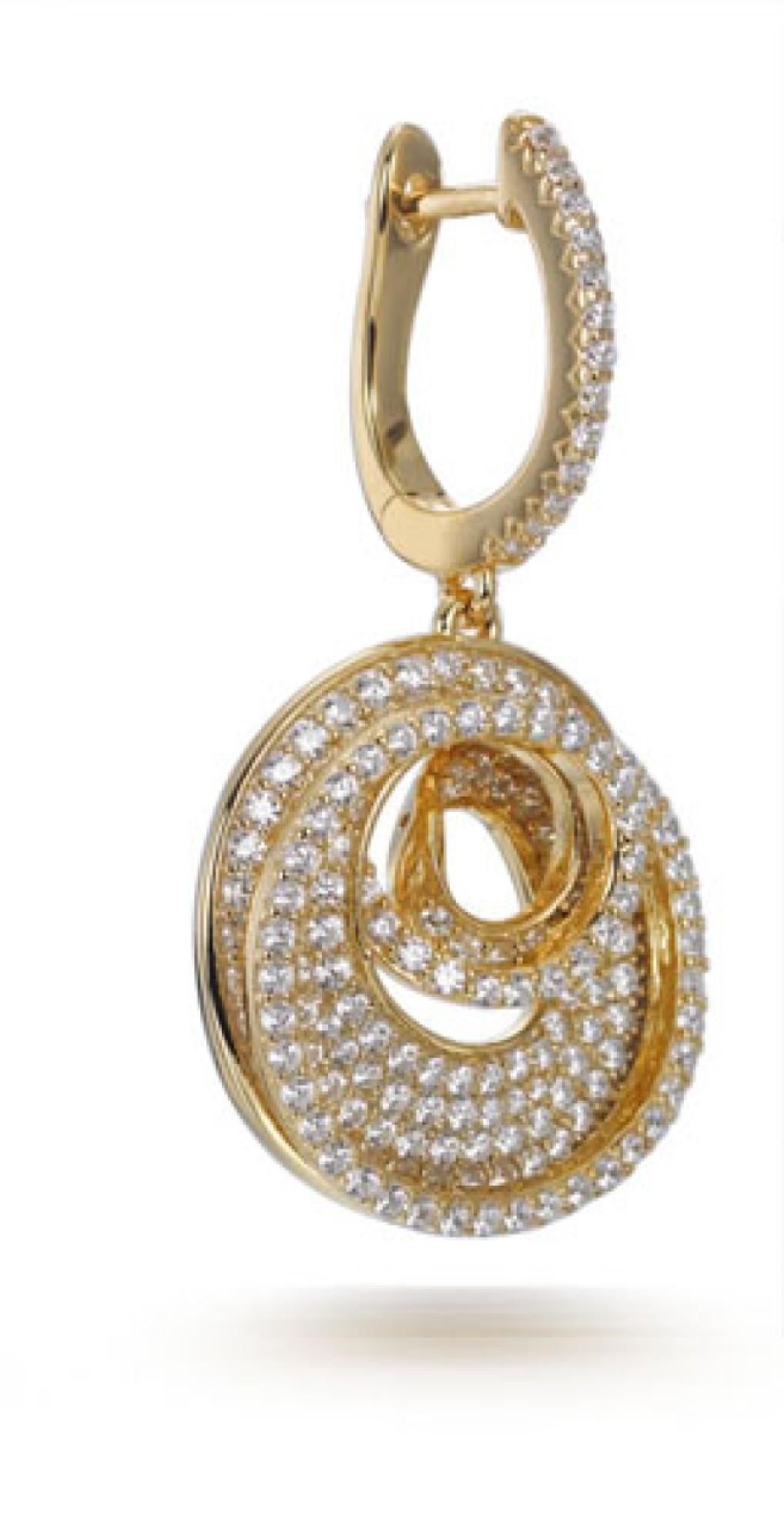 Women's 5.75 Carat Cubic Zirconia Yellow Gold Designer Spiral Drop Dangly Earrings For Sale