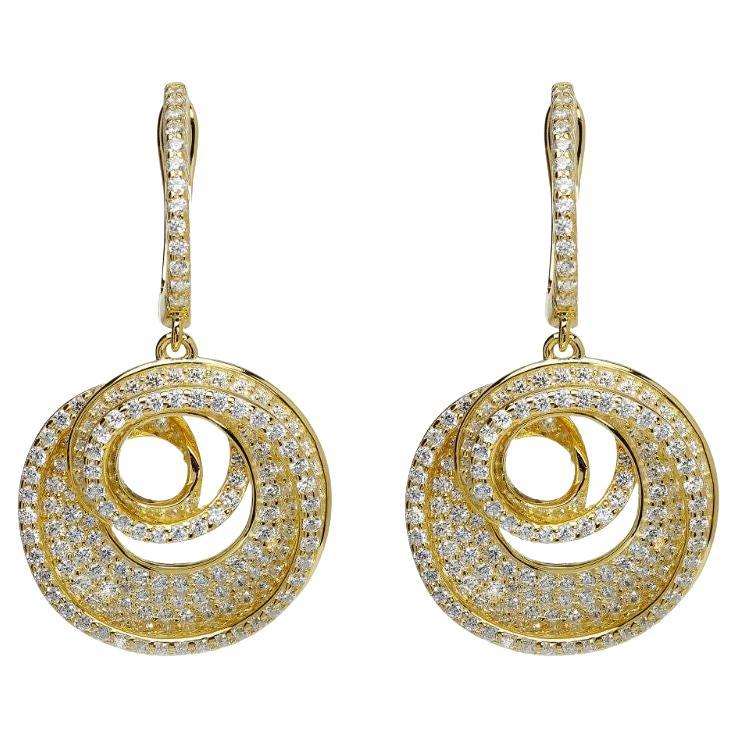 5.75 Carat Cubic Zirconia Yellow Gold Designer Spiral Drop Dangly Earrings For Sale 3