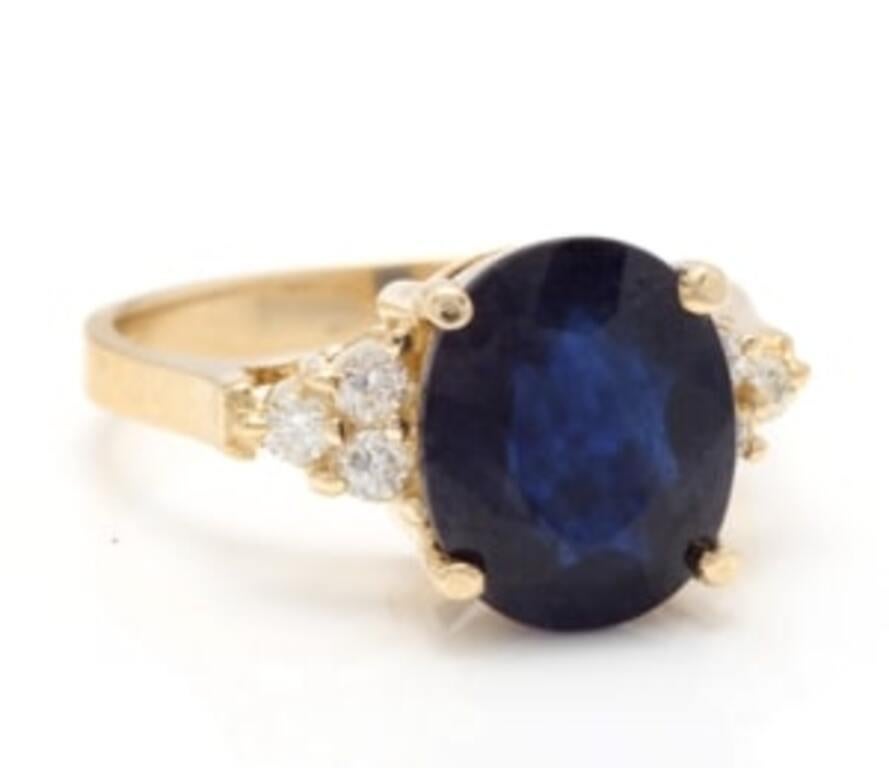 5.75 Carats Exquisite Natural Blue Sapphire and Diamond 14K Solid Yellow Gold Ring

Total Natural Blue Sapphire Weights: Approx. 5.50 Carats

Sapphire Measures: 10 x 8.00mm

Sapphire Treatment: Diffusion

Natural Round Diamonds Weight: .25 Carats