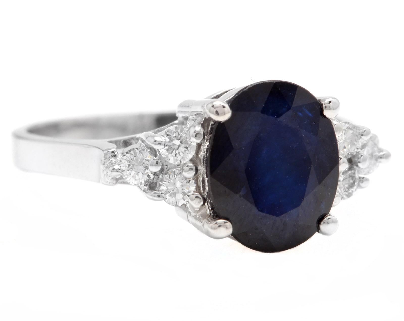 5.75 Carats Exquisite Natural Blue Sapphire and Diamond 14K Solid White Gold Ring

Total Natural Blue Sapphire Weights: Approx. 5.50 Carats

Sapphire Measures: 10 x 8.00mm

Sapphire Treatment: Diffusion

Natural Round Diamonds Weight: .25 Carats