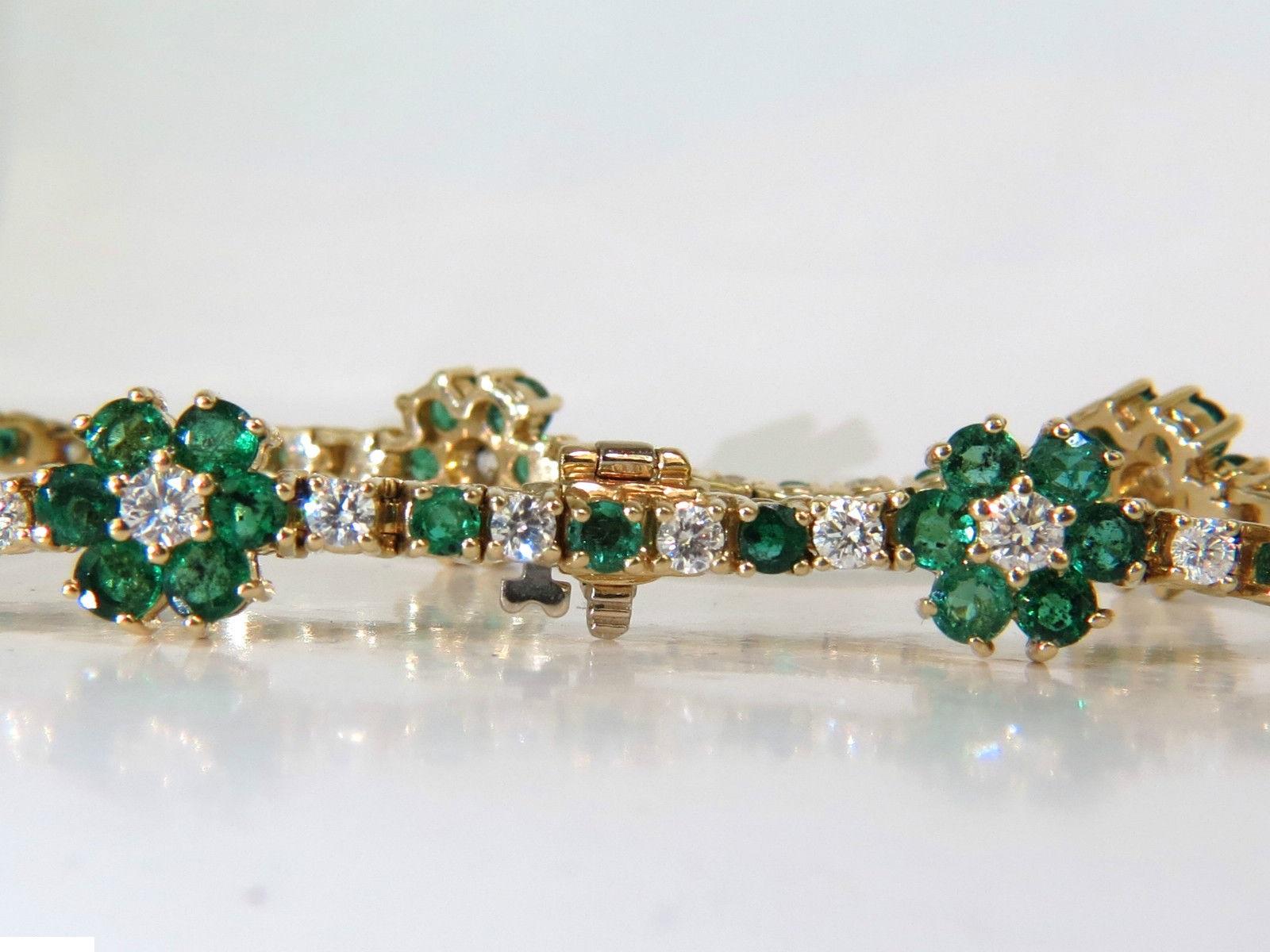 Round Cut 5.75 Carat Natural Fine Emerald Diamonds Tennis Clusters Bracelet 14 Karat
