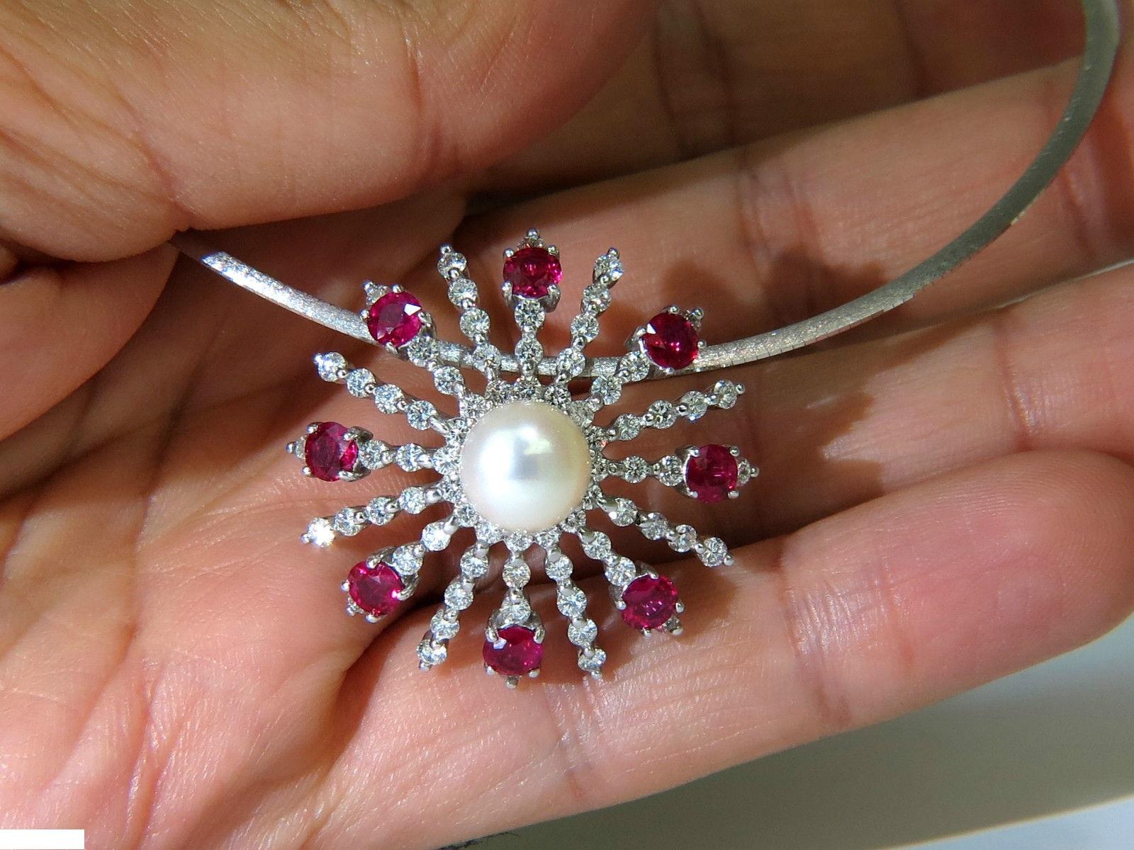 Star Burst 3d Pendant and necklace



9.50mm Cultured Pearl

Excellent luster

No pits nicks or dents.

3.00ct. Natural Red Rubies 

Very Clean clarity

excellent transparency

Classic Pigeon Blood colors

Fully faceted and rounds.



 2.75ct.