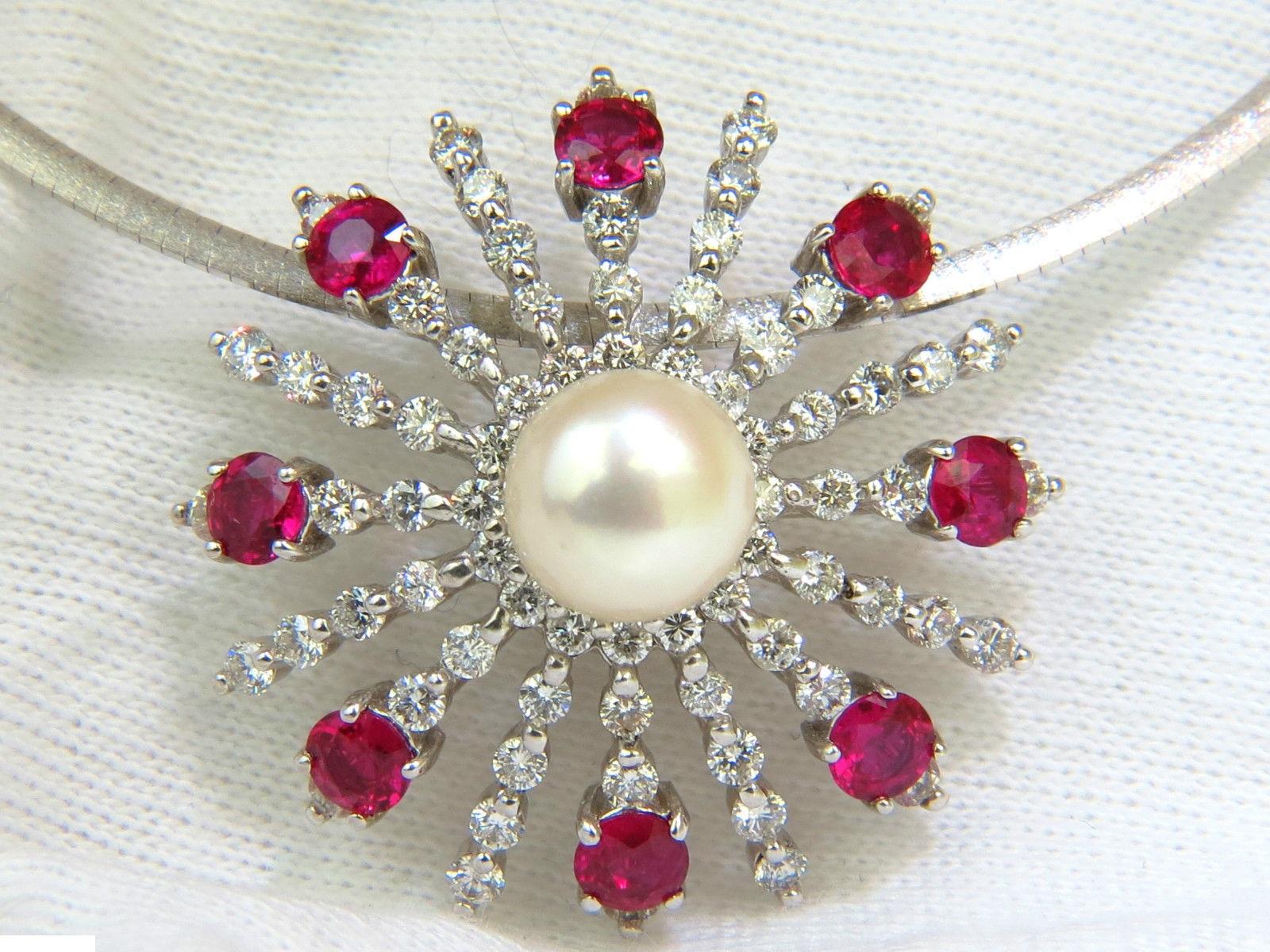 5.75 Carat Natural Gem Ruby Diamond 3D Star Burst Pearl Pendant and Omega In New Condition For Sale In New York, NY