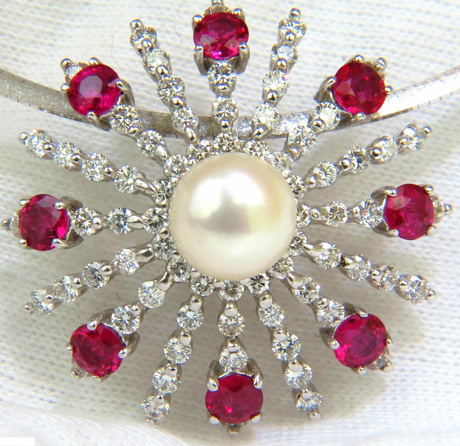 5.75 Carat Natural Gem Ruby Diamond 3D Star Burst Pearl Pendant and Omega For Sale 2