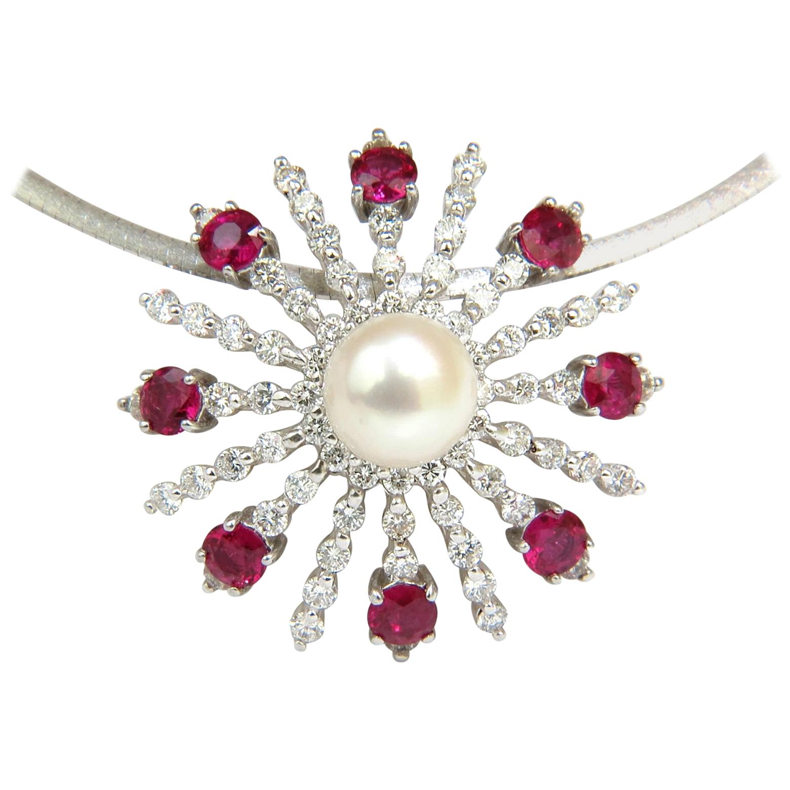 5.75 Carat Natural Gem Ruby Diamond 3D Star Burst Pearl Pendant and Omega For Sale