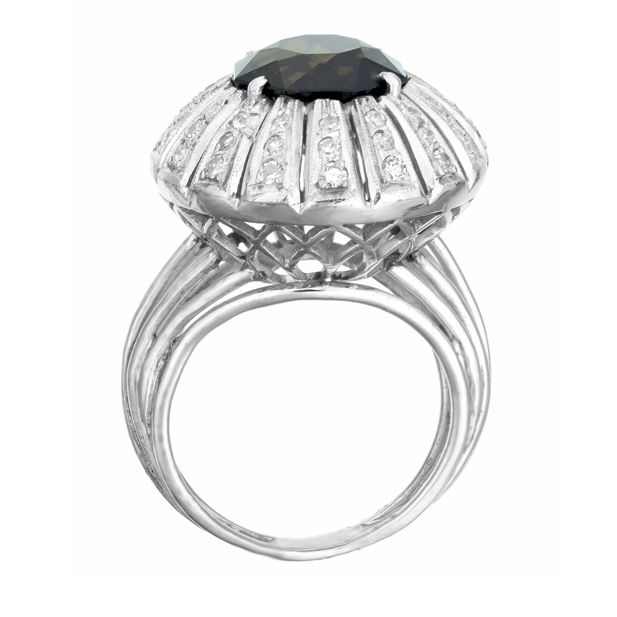 Women's 5.75 Carat Octagonal Green Tourmaline Diamond Palladium Cocktail Ring For Sale