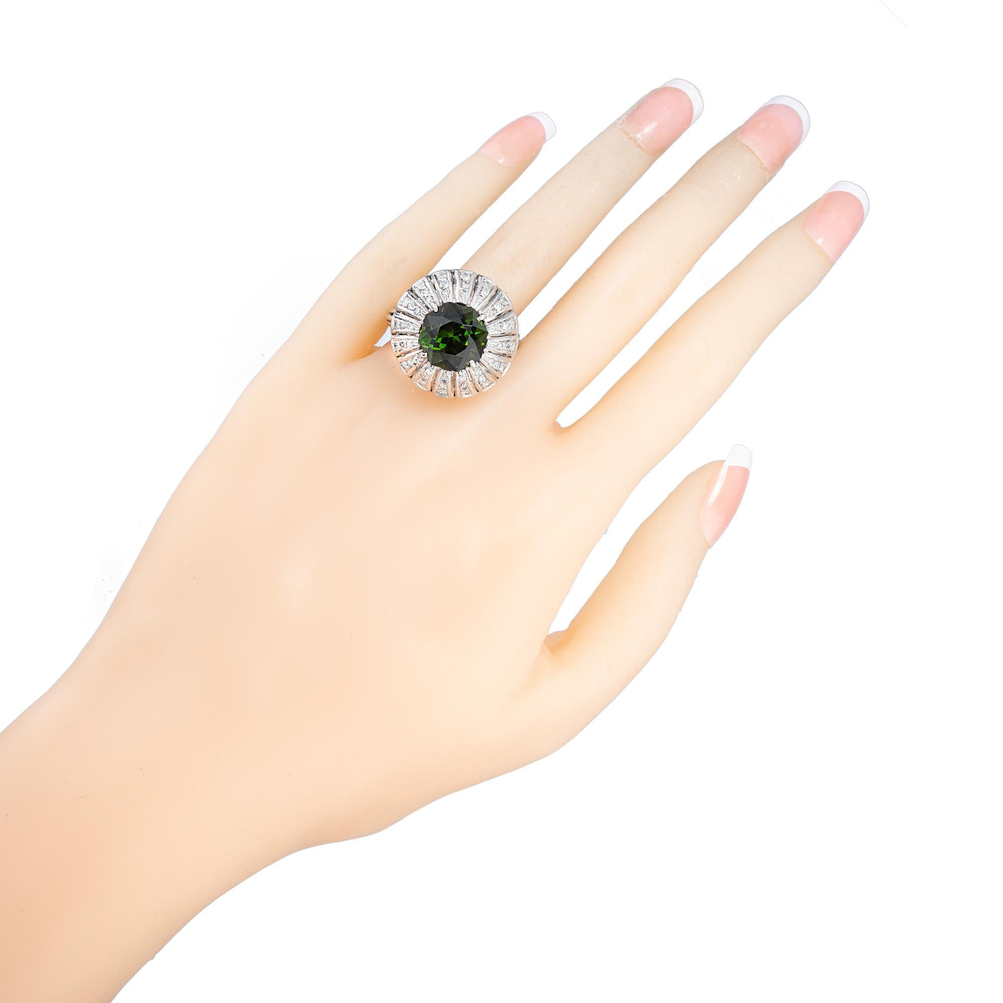 5.75 Carat Octagonal Green Tourmaline Diamond Palladium Cocktail Ring For Sale 1