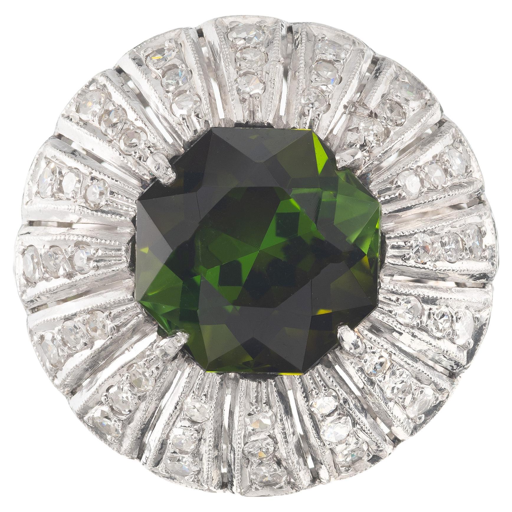 5.75 Carat Octagonal Green Tourmaline Diamond Palladium Cocktail Ring For Sale