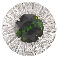 5.75 Carat Octagonal Green Tourmaline Diamond Palladium Cocktail Ring