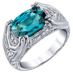 5.75 Carat Oval Blue Zircon and Diamond White Gold Wide Band Cocktail Ring