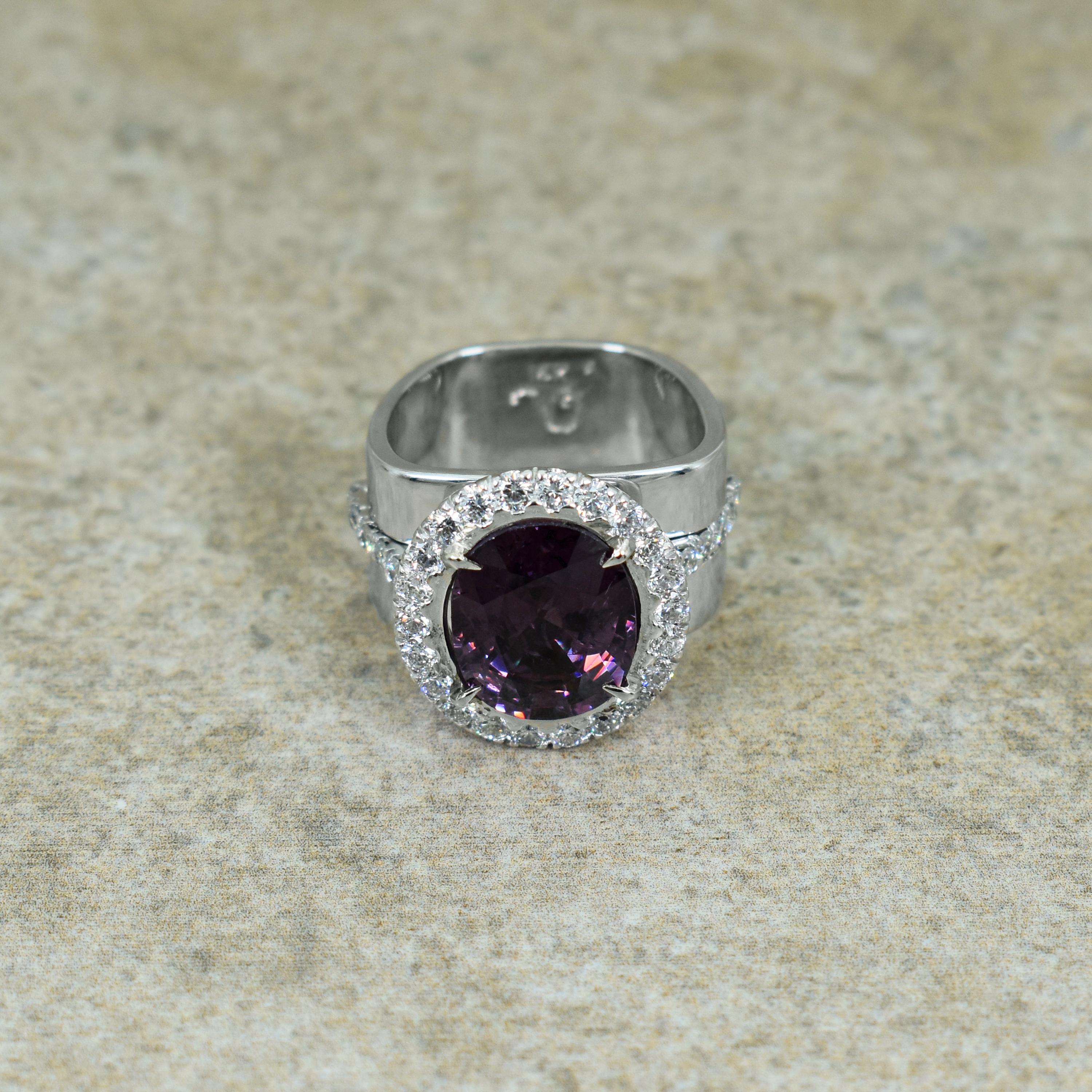 Oval Cut 5.75 Carat Purple Spinel Diamond Halo 14 Karat White Gold Cocktail Ring For Sale
