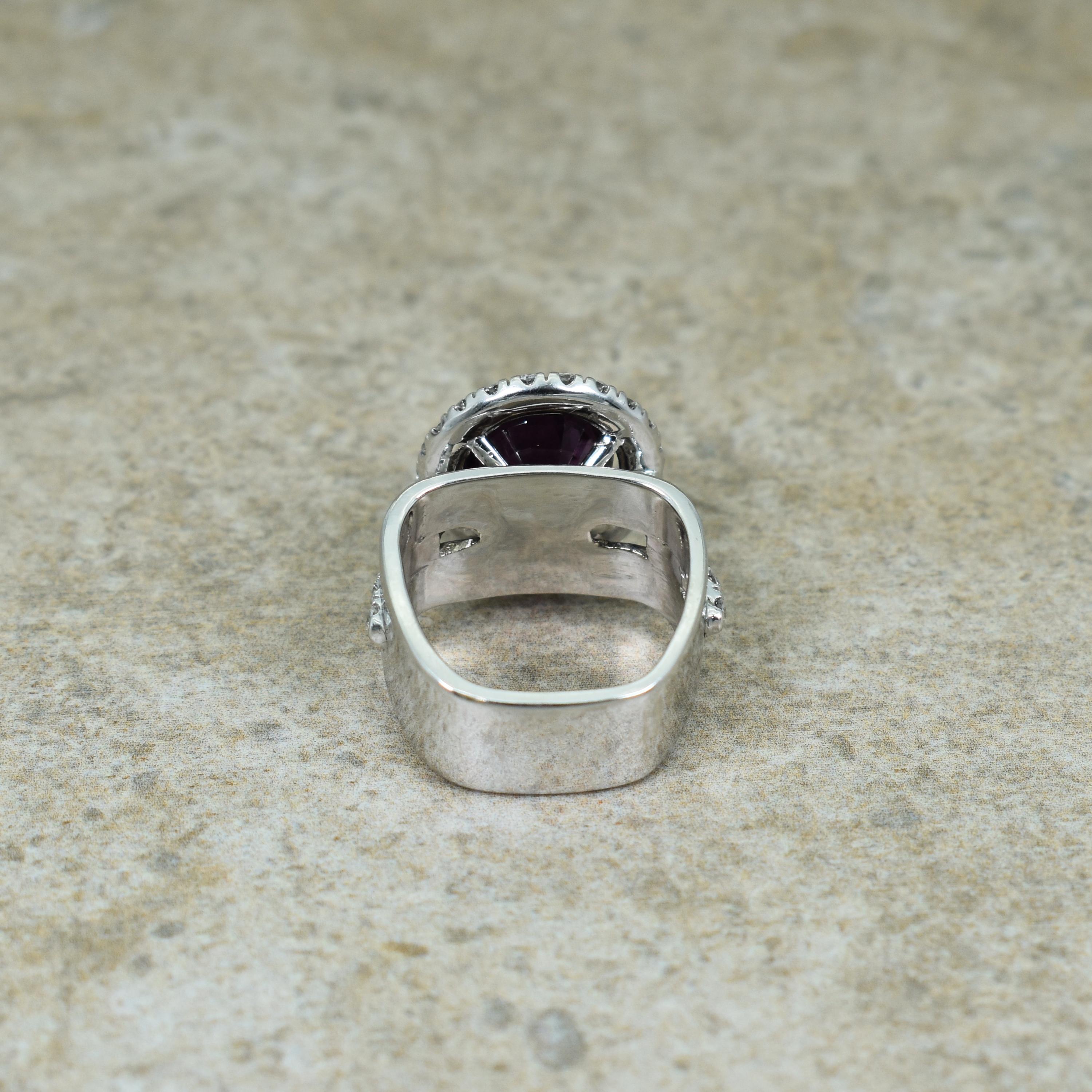 5.75 Carat Purple Spinel Diamond Halo 14 Karat White Gold Cocktail Ring In New Condition For Sale In Naples, FL