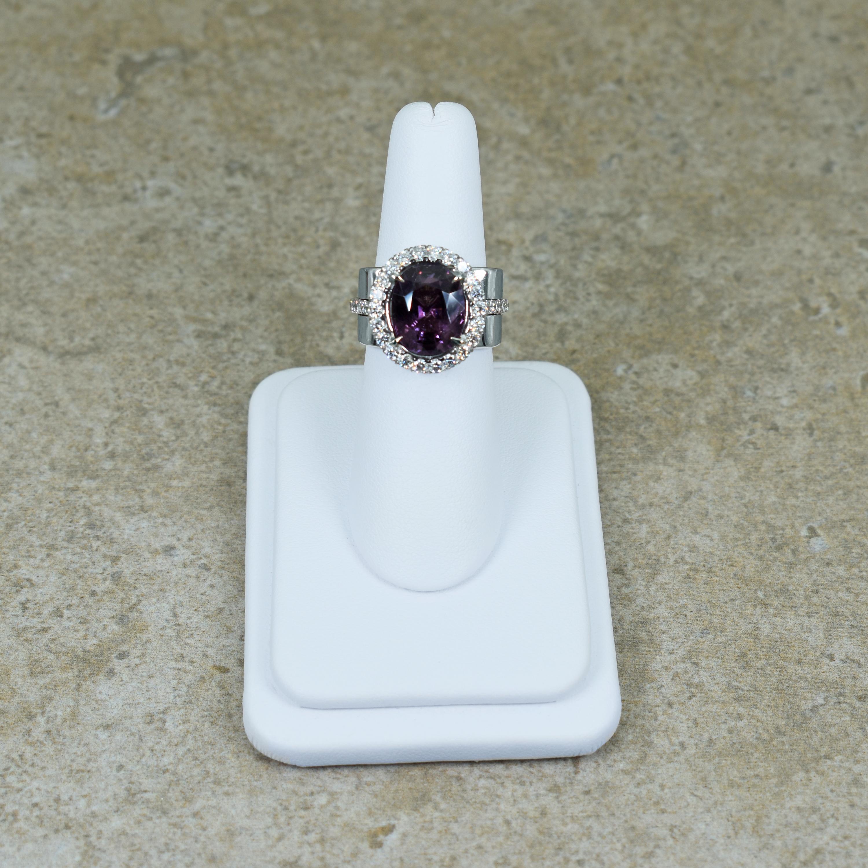 Women's or Men's 5.75 Carat Purple Spinel Diamond Halo 14 Karat White Gold Cocktail Ring For Sale