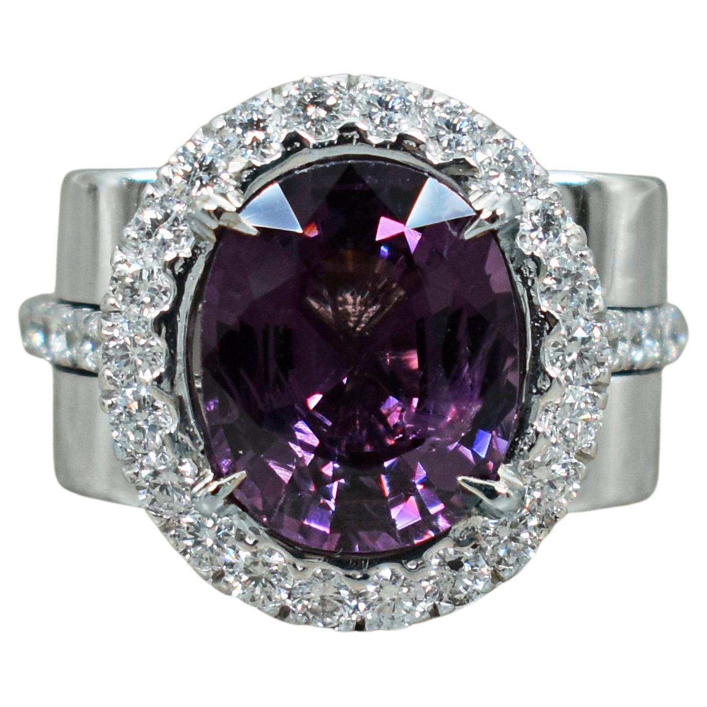 5.75 Carat Purple Spinel Diamond Halo 14 Karat White Gold Cocktail Ring