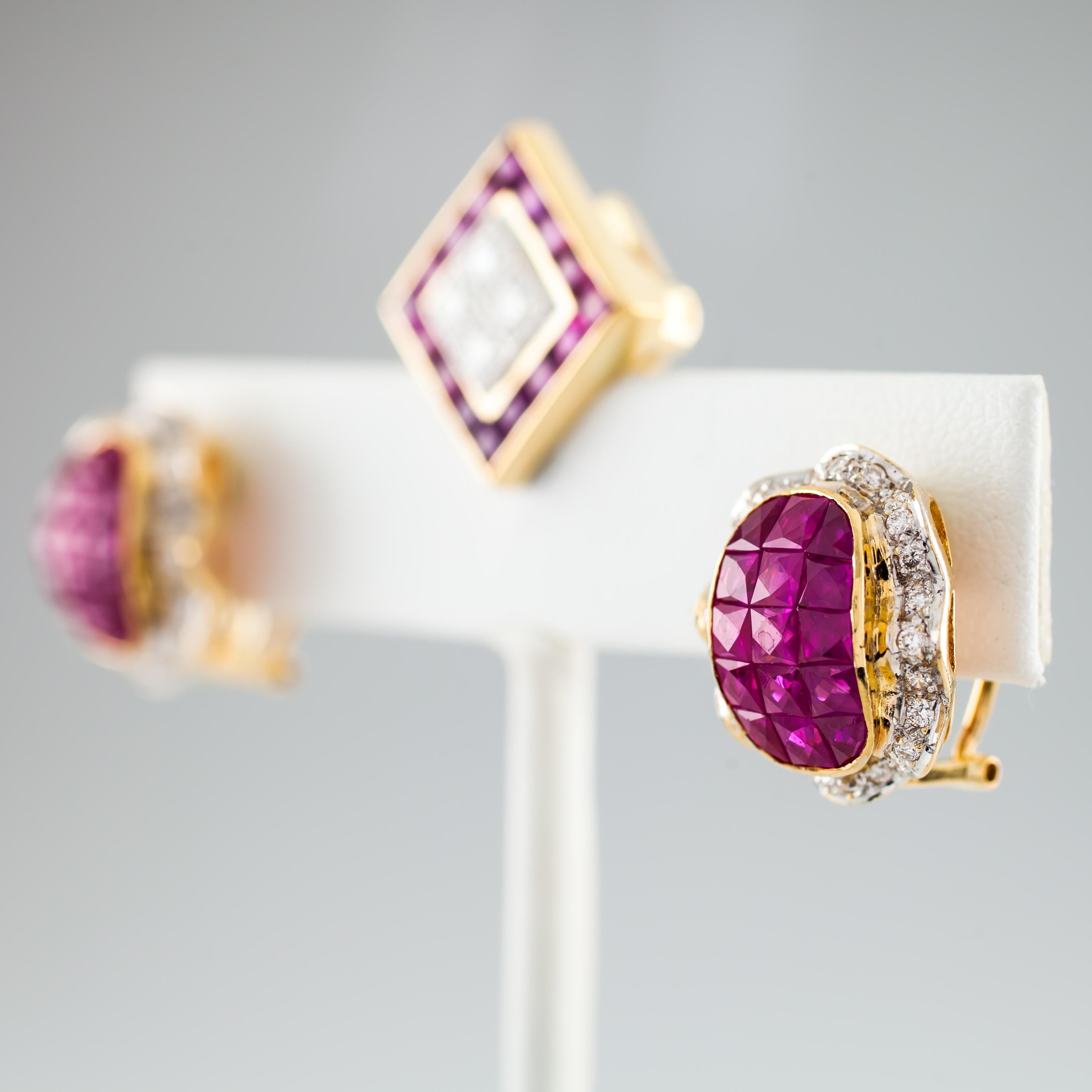 Jewelry Set Includes Stunning Insivibly set Ruby Plaque earrings with Diamond accents and a matching 