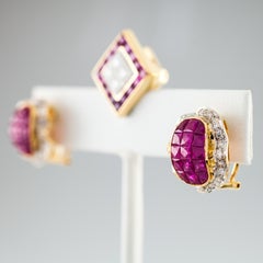 5.75 carat Ruby & 1.35 carat Diamond 18k Yellow Gold Earring and Pendant Set